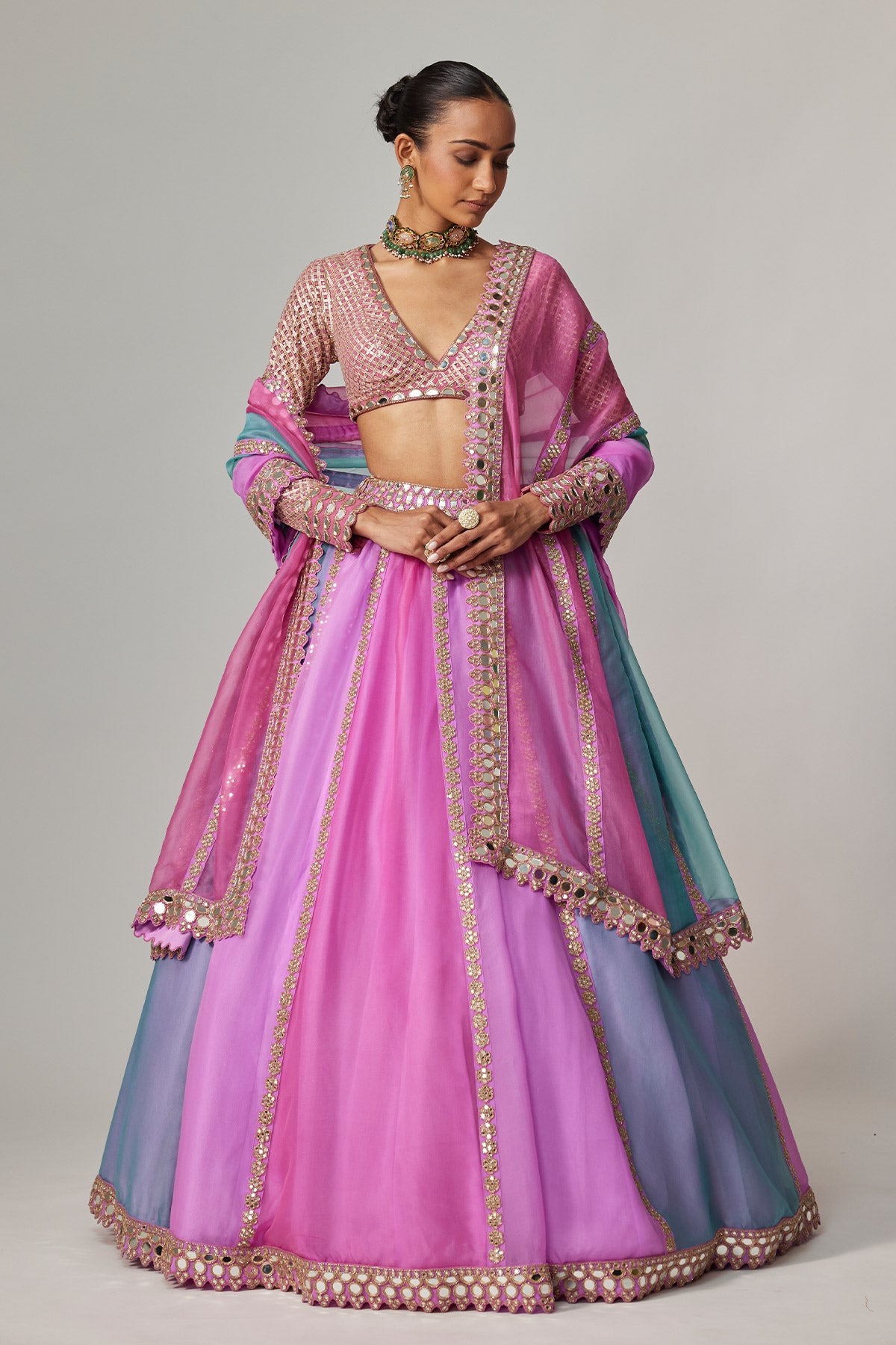 Mauve Multicolor Linear Lehenga With V Neck Blouse