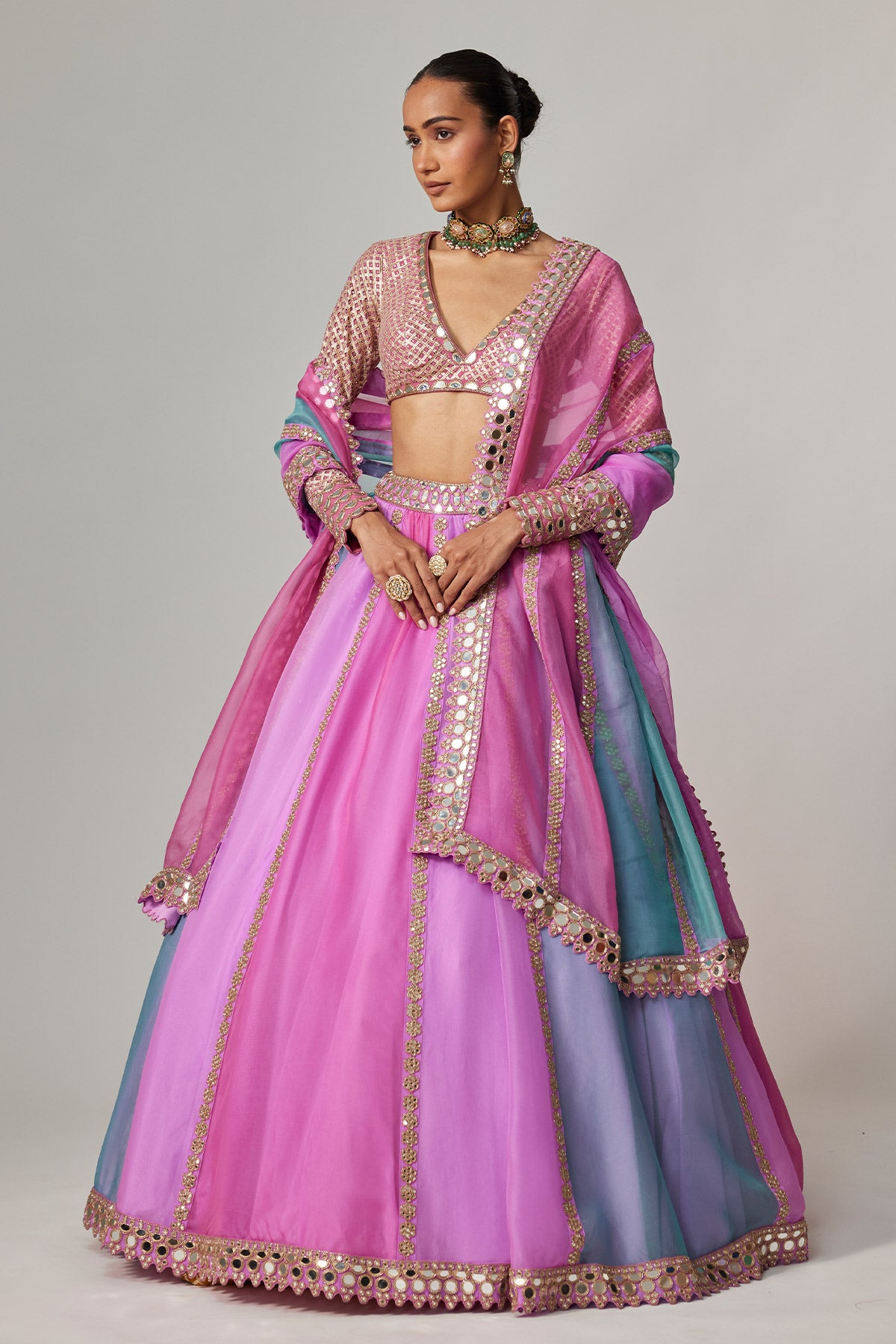 Mauve Multicolor Linear Lehenga With V Neck Blouse
