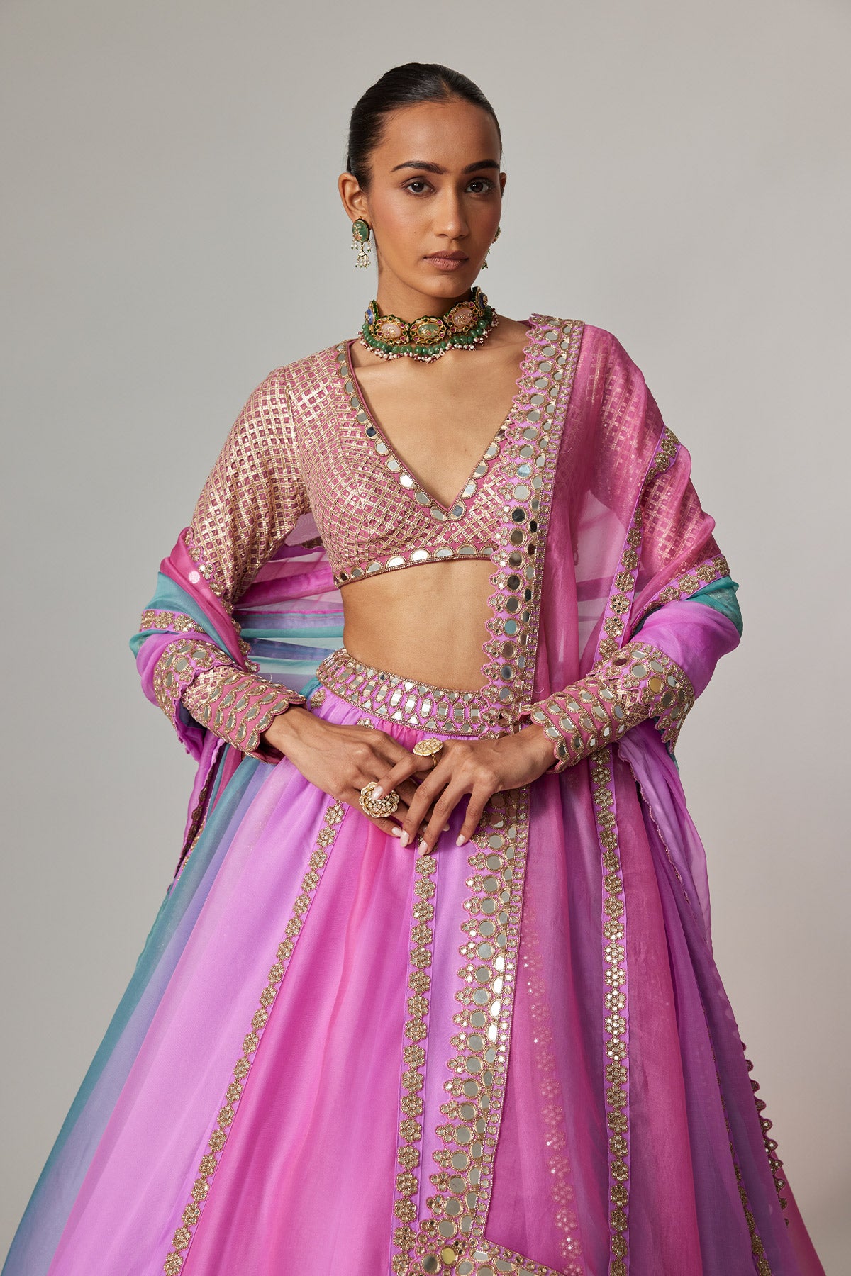Mauve Multicolor Linear Lehenga With V Neck Blouse