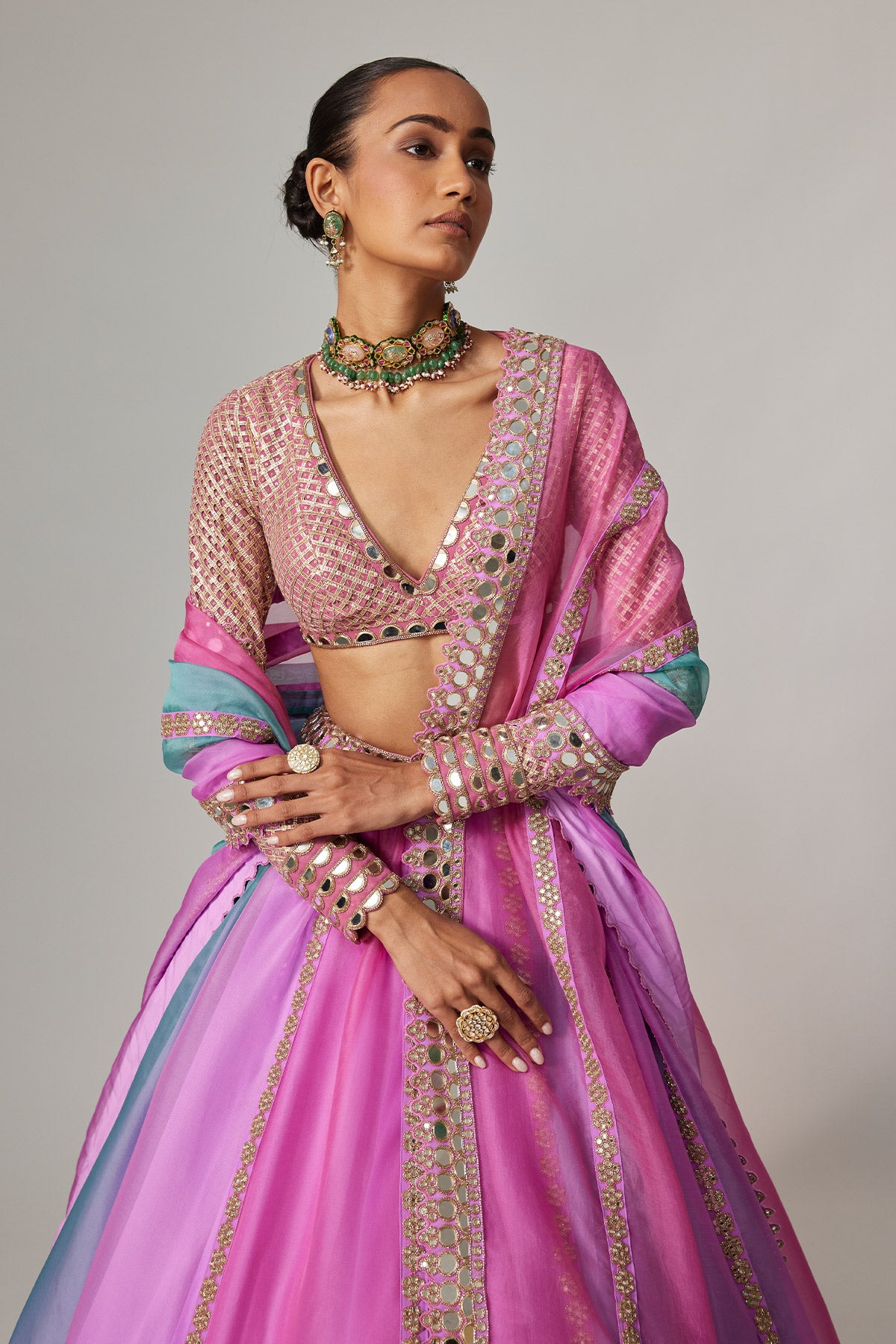 Mauve Multicolor Linear Lehenga With V Neck Blouse