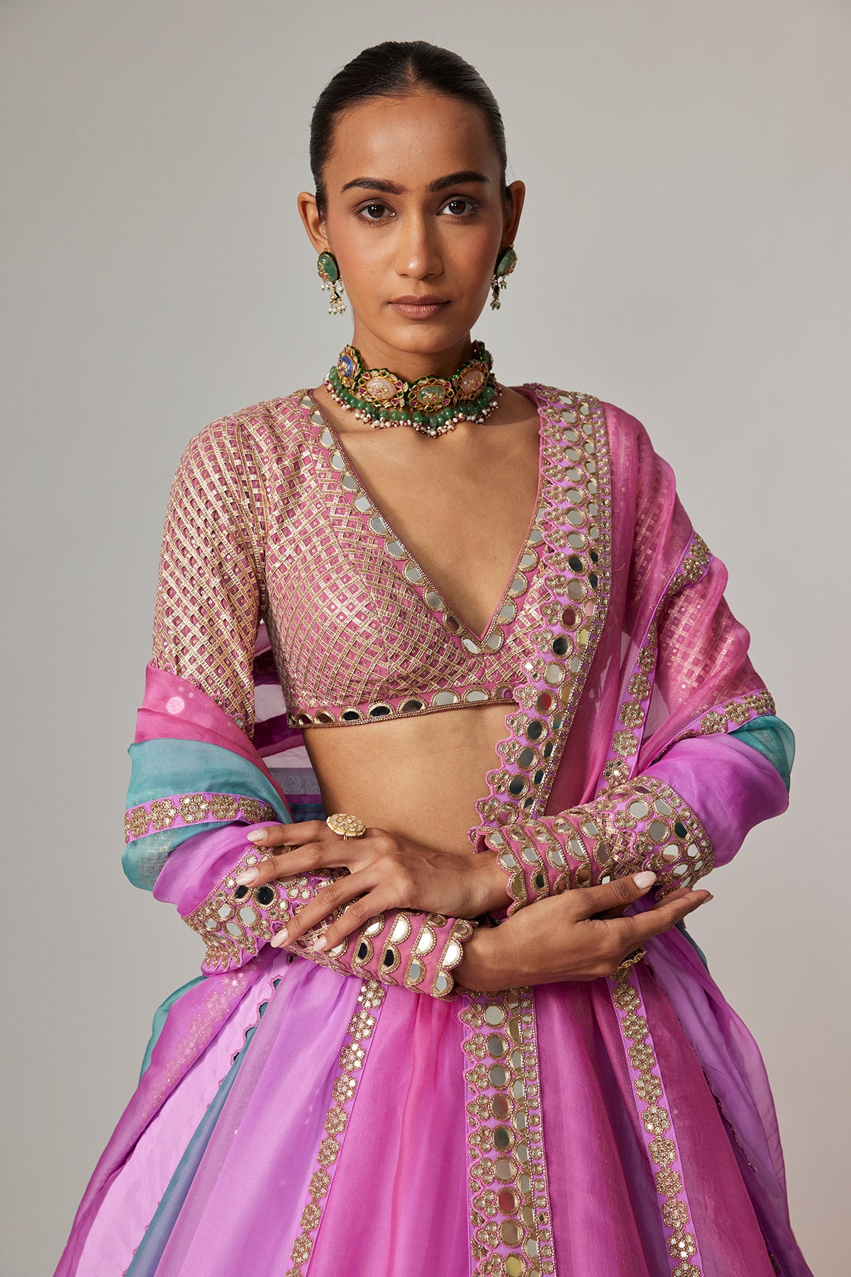 Mauve Multicolor Linear Lehenga With V Neck Blouse