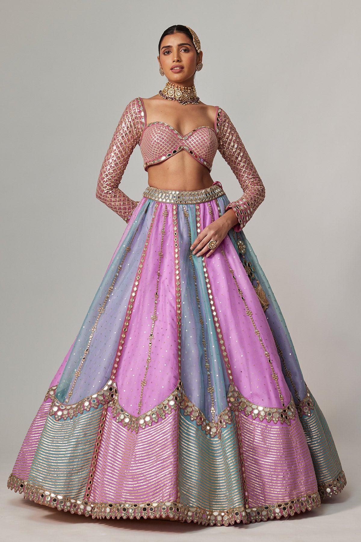 Mauve Multicolor Sequin Scattered Lehenga With Sweetheart Full Sleeve Blouse