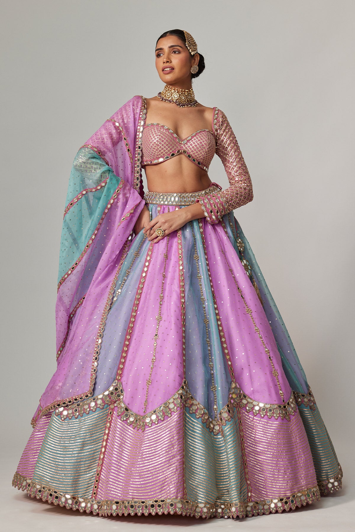 Mauve Multicolor Sequin Scattered Lehenga With Sweetheart Full Sleeve Blouse