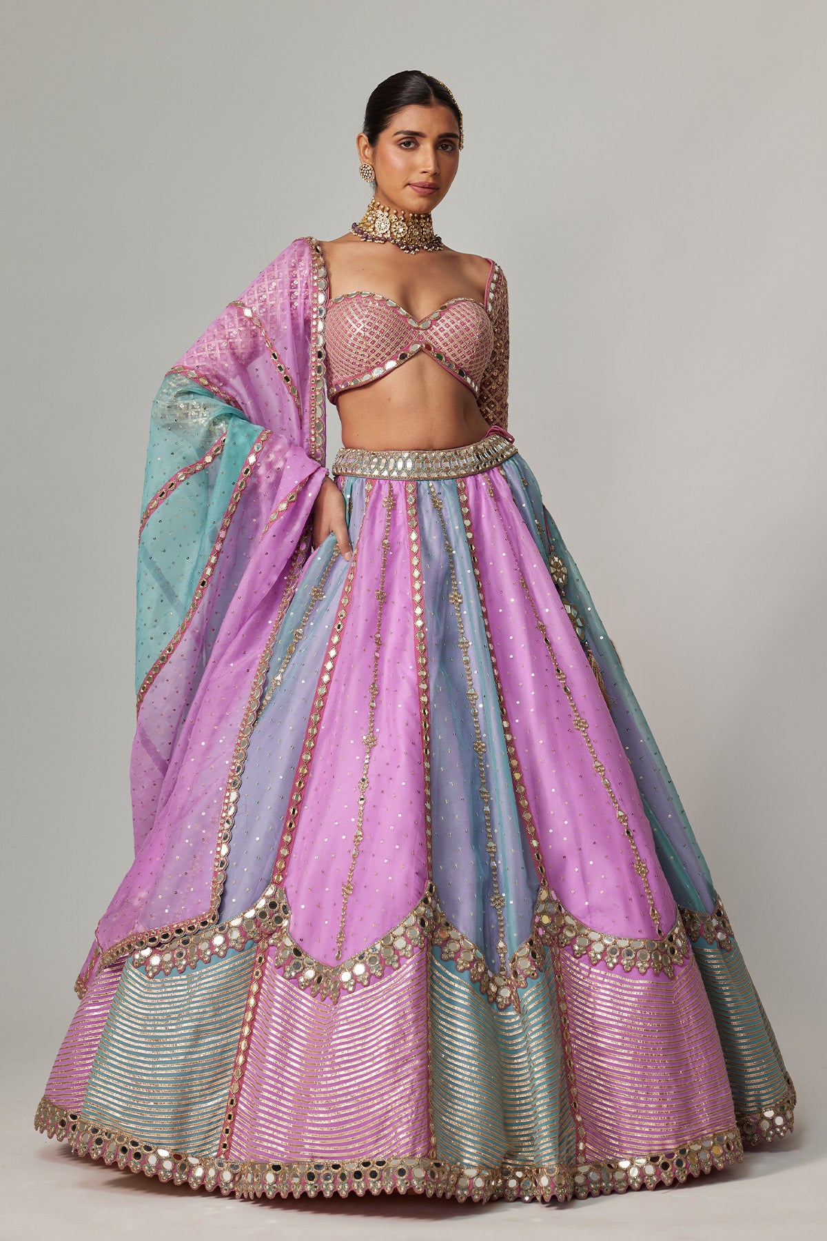 Mauve Multicolor Sequin Scattered Lehenga With Sweetheart Full Sleeve Blouse