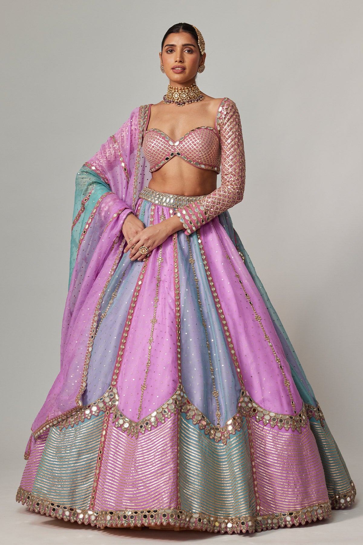 Mauve Multicolor Sequin Scattered Lehenga With Sweetheart Full Sleeve Blouse