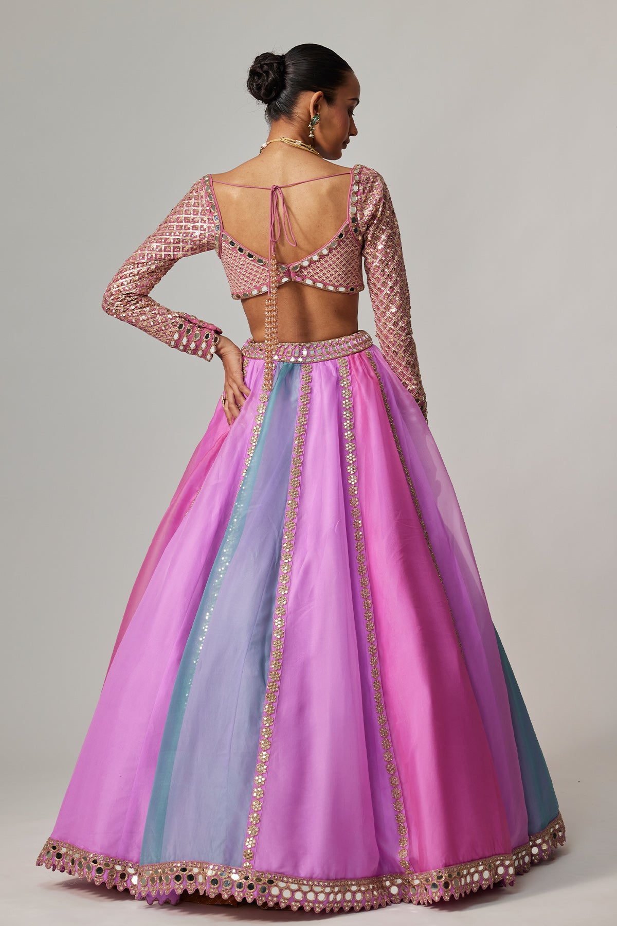 Mauve Multicolor Linear Lehenga With Sweetheart Full Sleeve Blouse