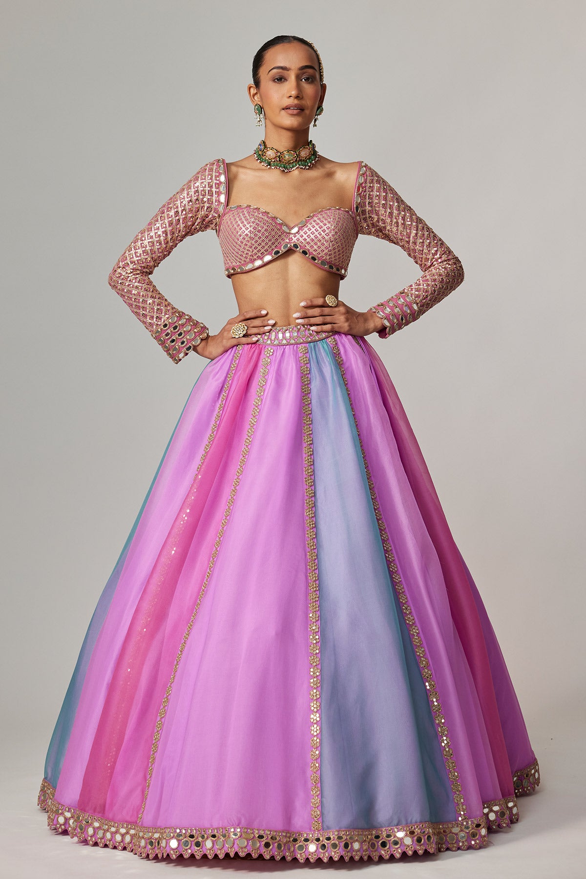 Mauve Multicolor Linear Lehenga With Sweetheart Full Sleeve Blouse