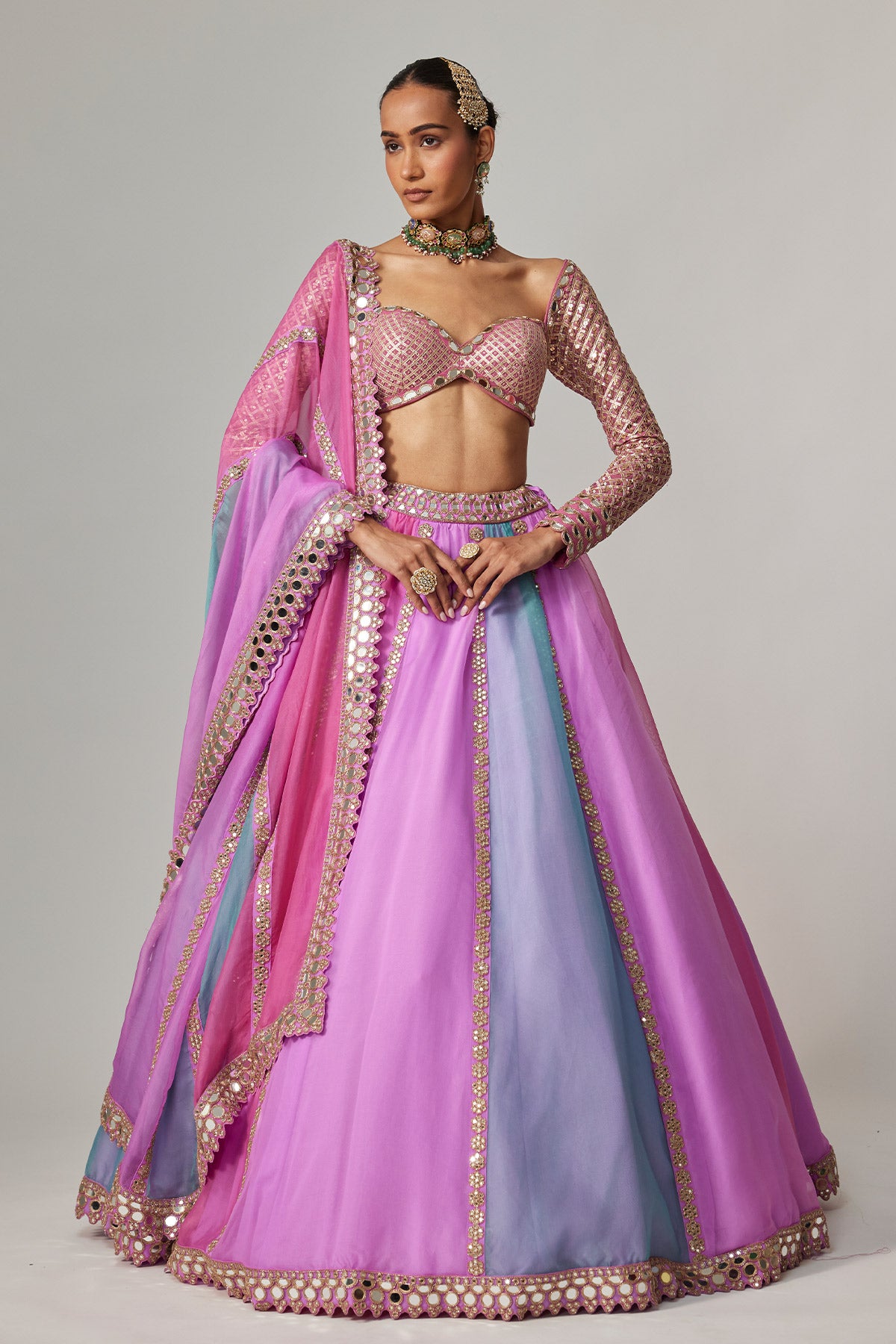 Mauve Multicolor Linear Lehenga With Sweetheart Full Sleeve Blouse