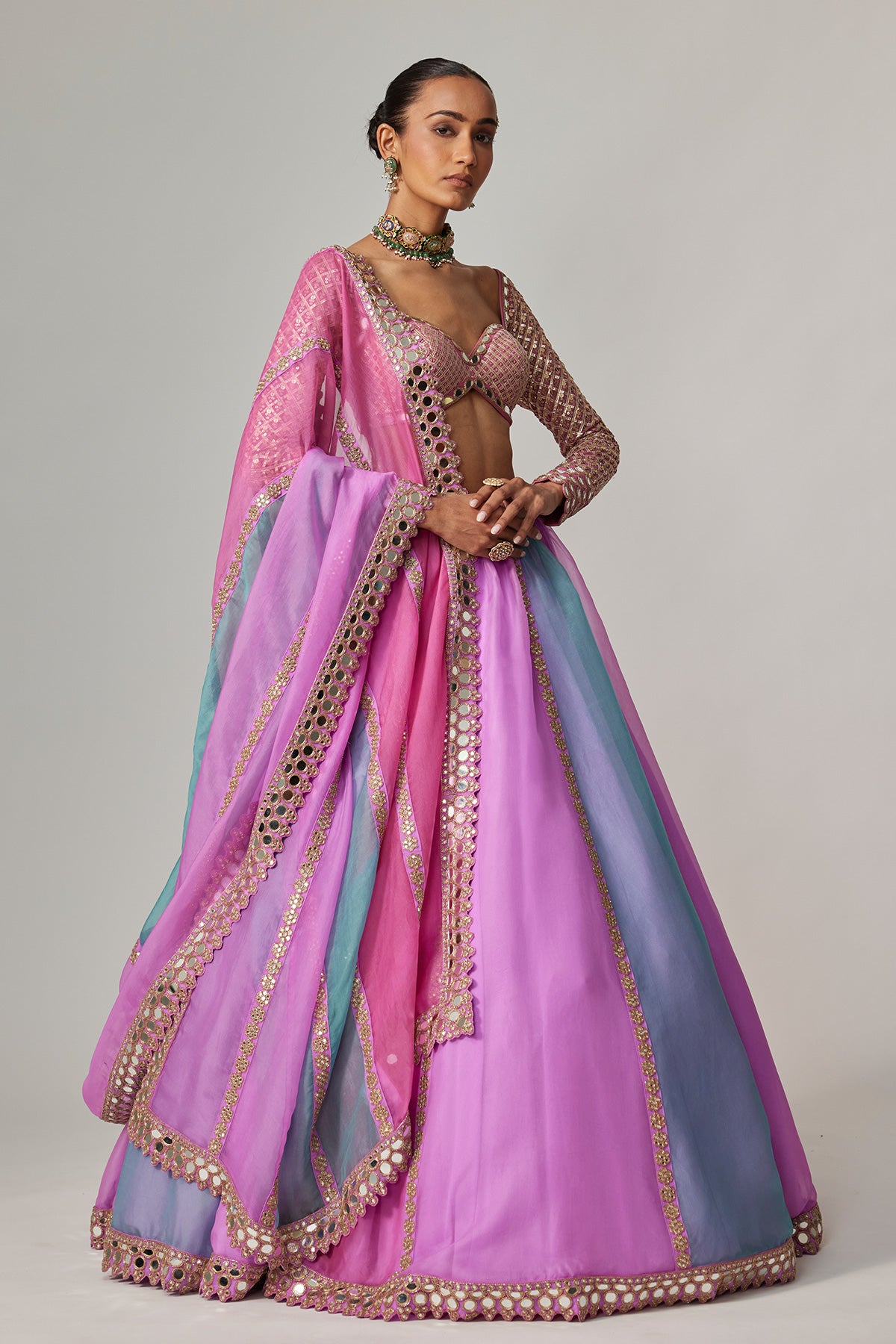 Mauve Multicolor Linear Lehenga With Sweetheart Full Sleeve Blouse