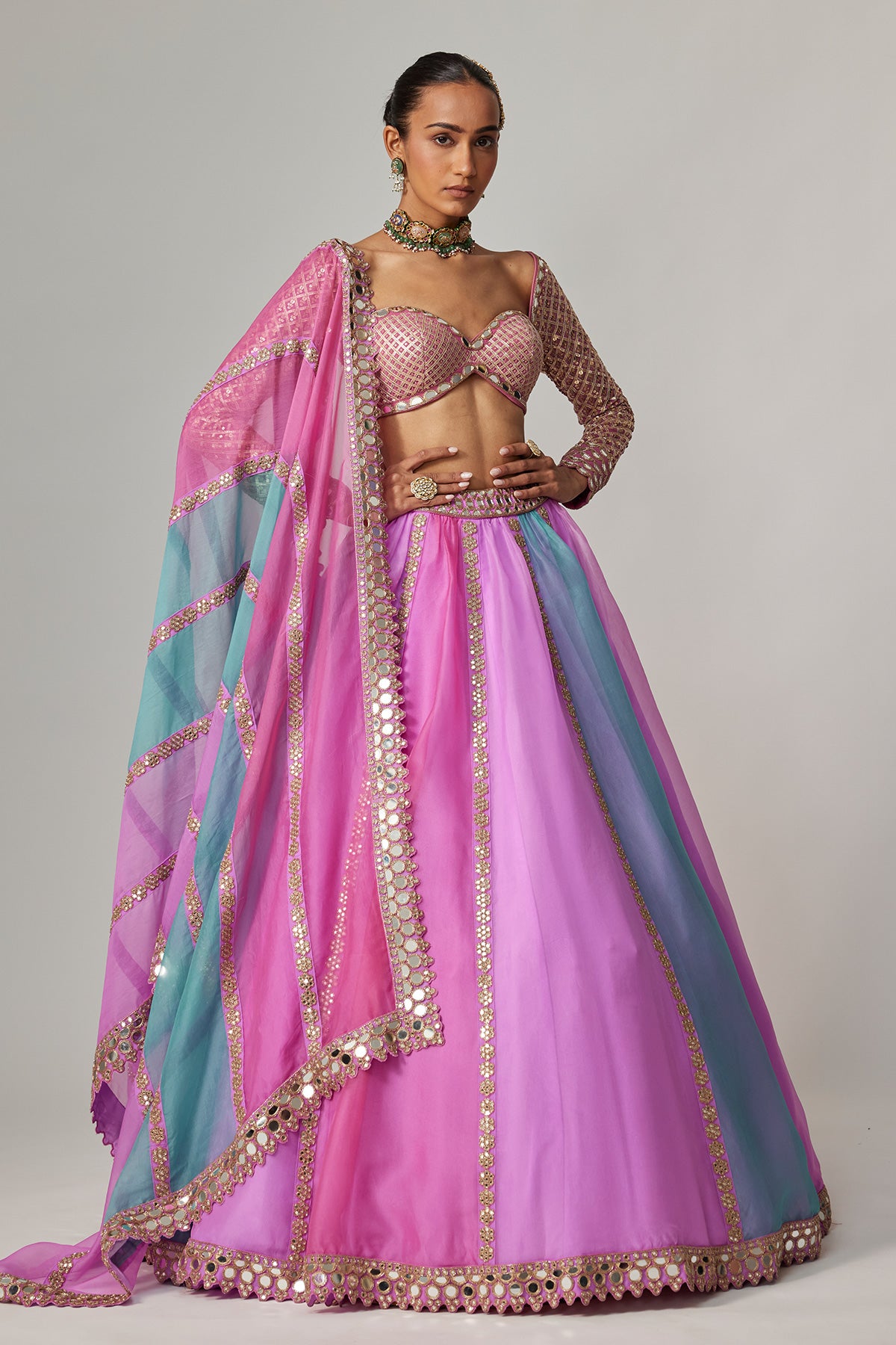 Mauve Multicolor Linear Lehenga With Sweetheart Full Sleeve Blouse