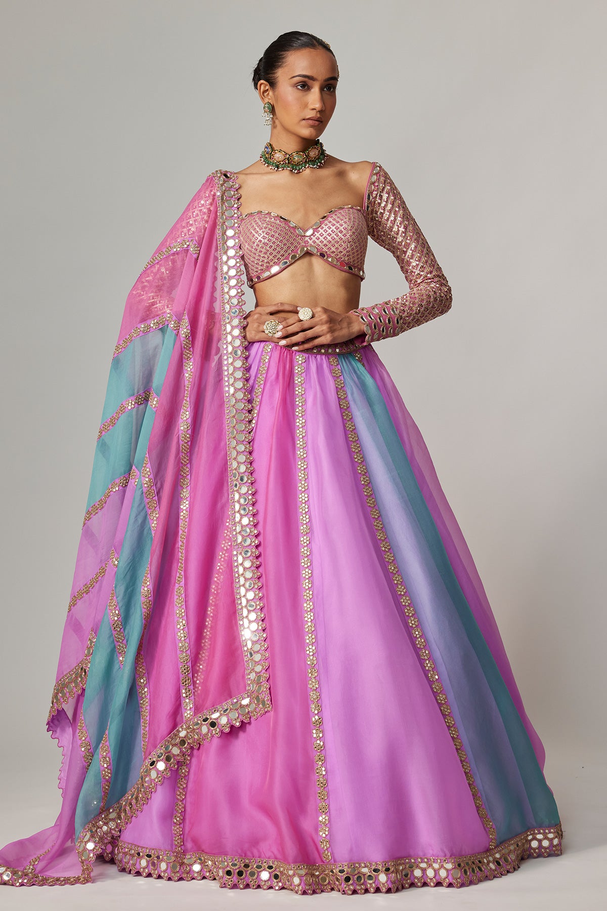 Mauve Multicolor Linear Lehenga With Sweetheart Full Sleeve Blouse