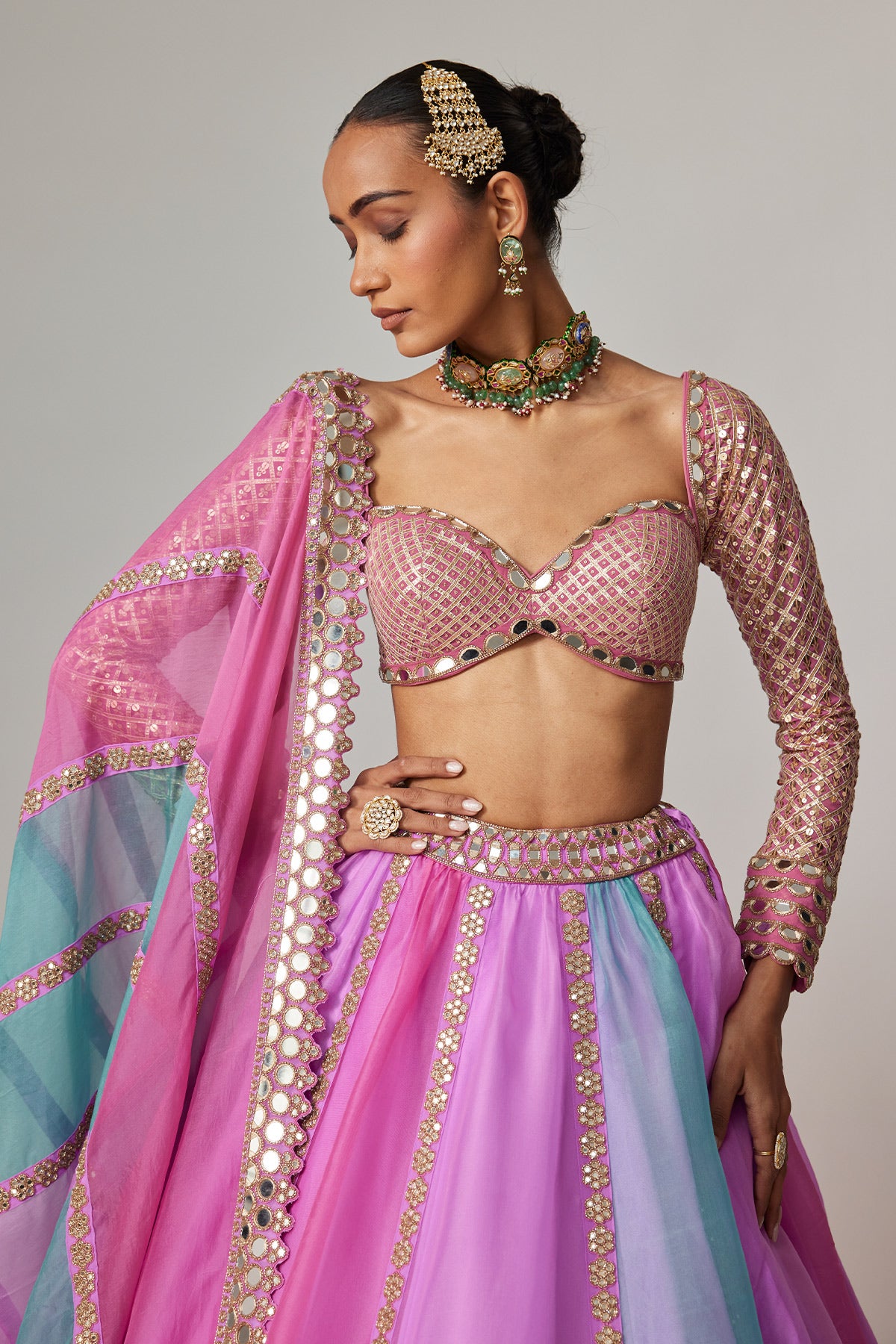 Mauve Multicolor Linear Lehenga With Sweetheart Full Sleeve Blouse