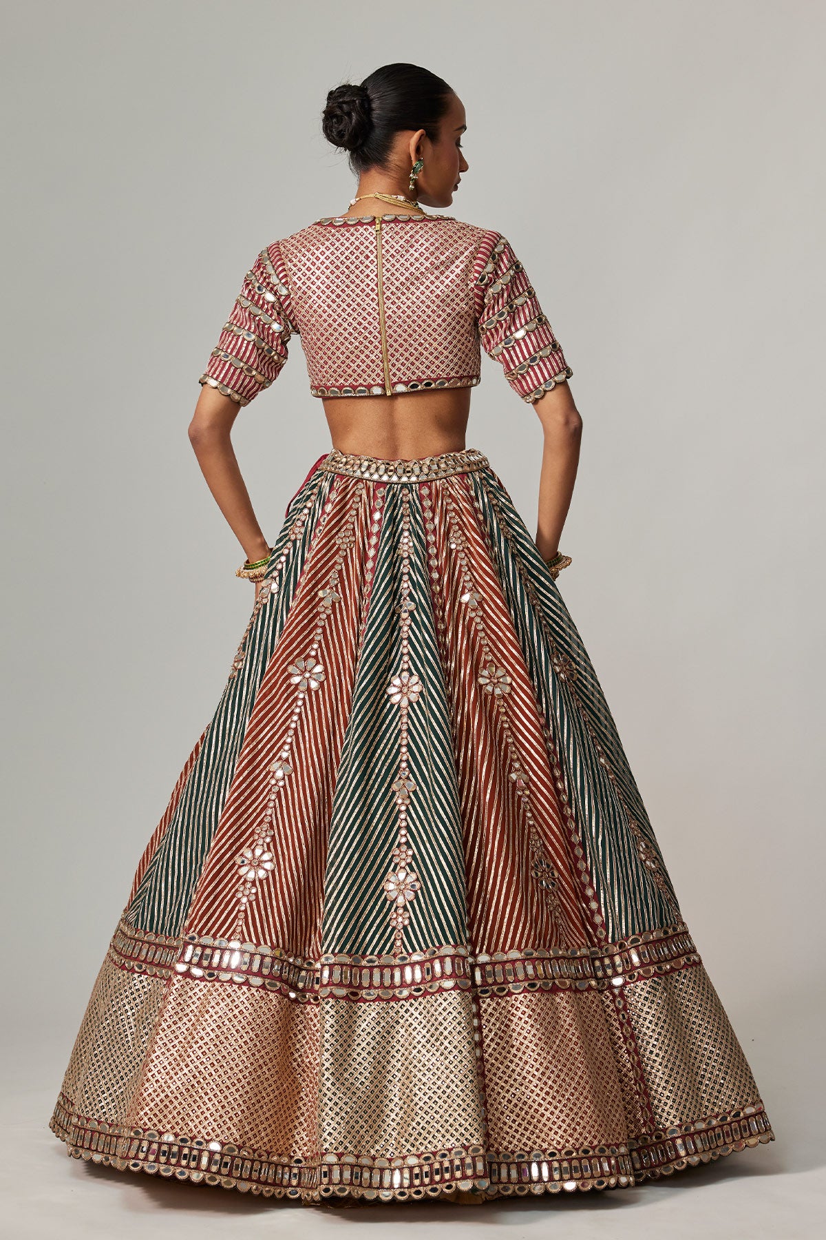 Cranberry Multicolor Linear Flower Lehenga Set With Jade Green Dupatta