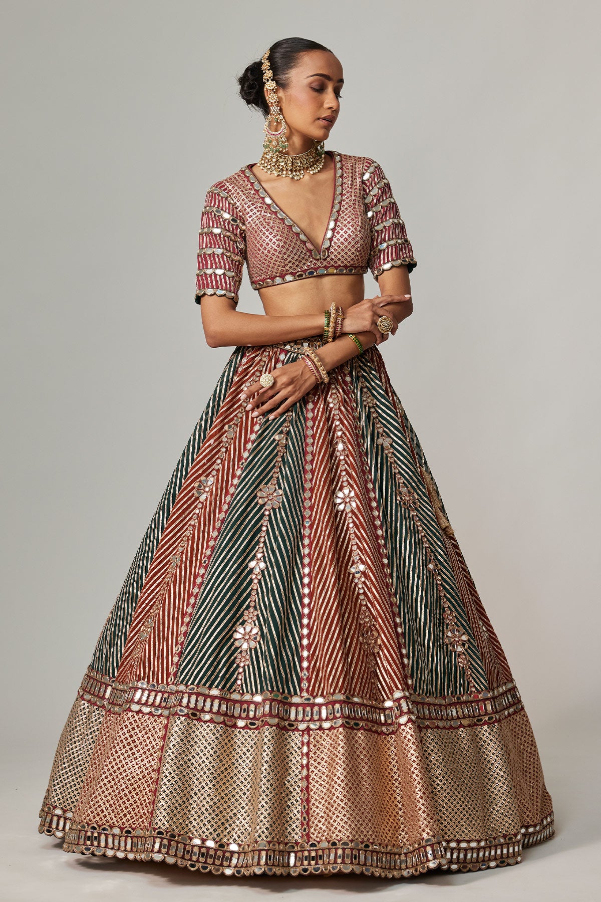 Cranberry Multicolor Linear Flower Lehenga Set With Jade Green Dupatta