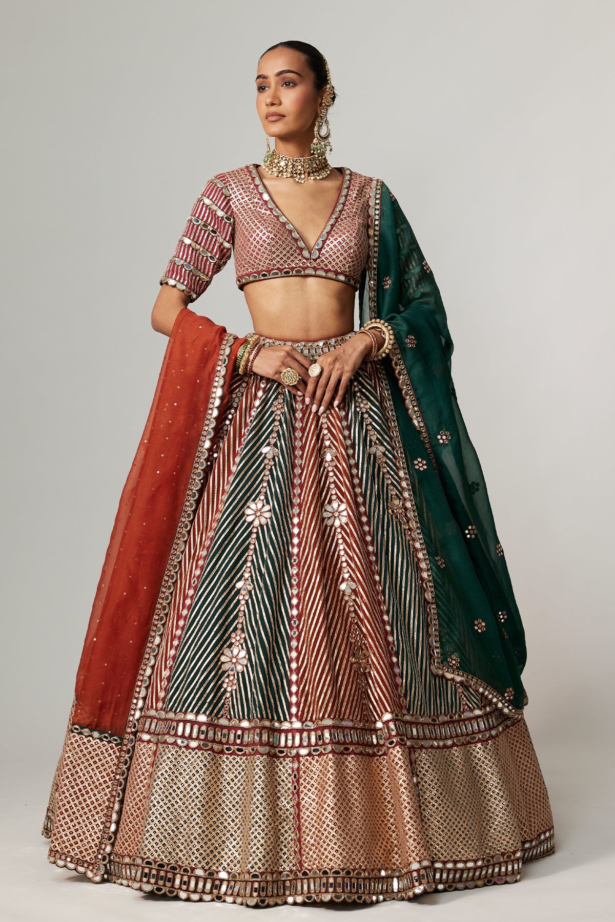 Cranberry Multicolor Linear Flower Lehenga Set With Double Dupatta