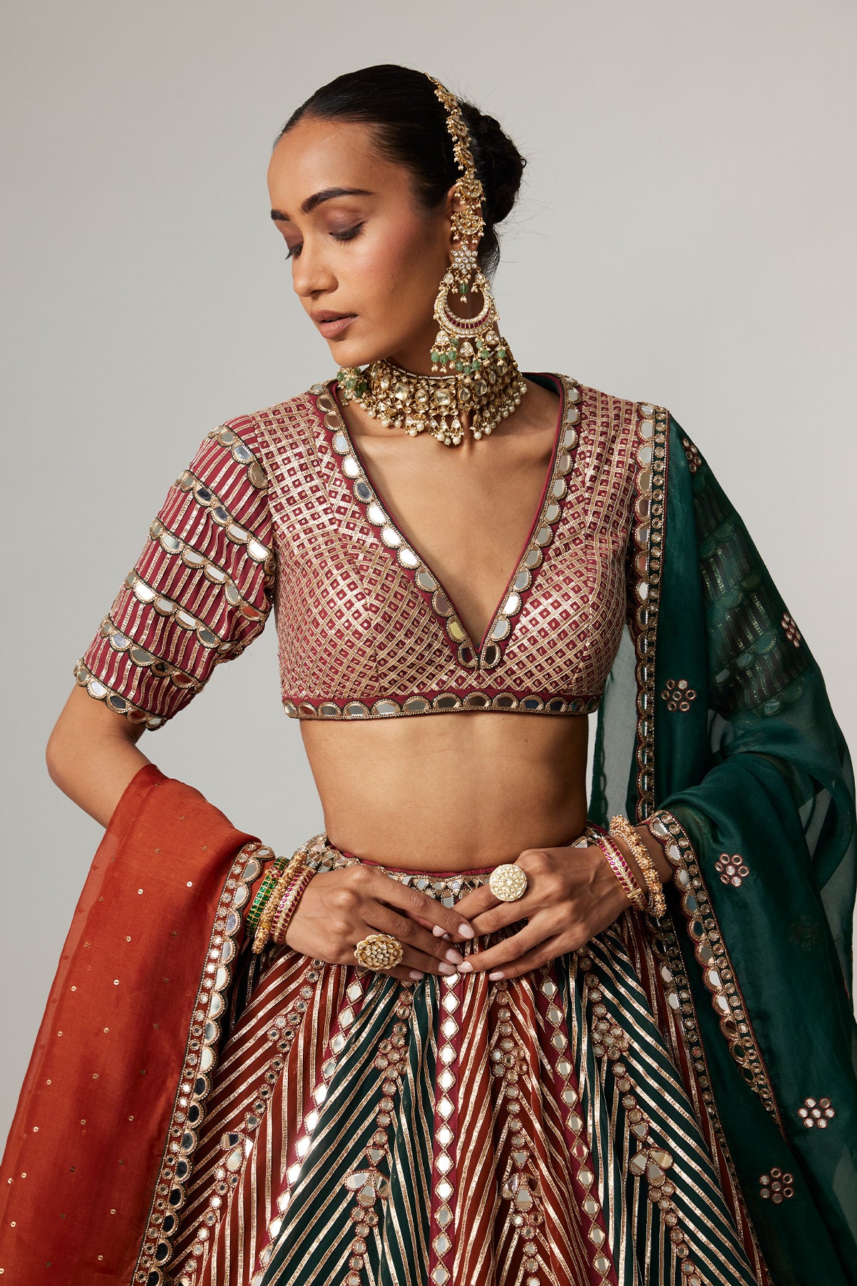 Cranberry Multicolor Linear Flower Lehenga Set With Double Dupatta