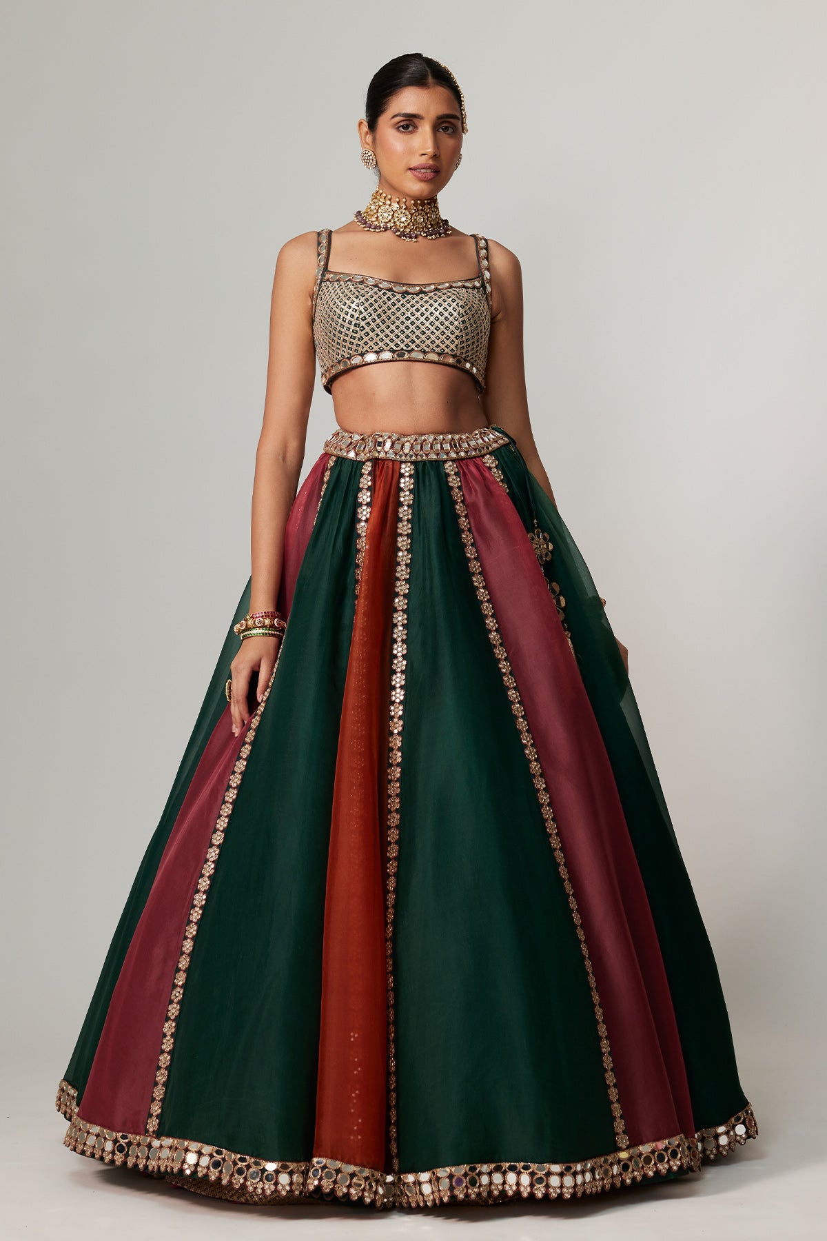 Cranberry Multicolor Linear Lehenga With Square Neck Blouse