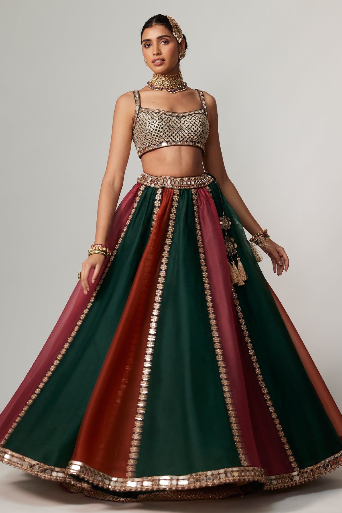 Cranberry Multicolor Linear Lehenga With Square Neck Blouse