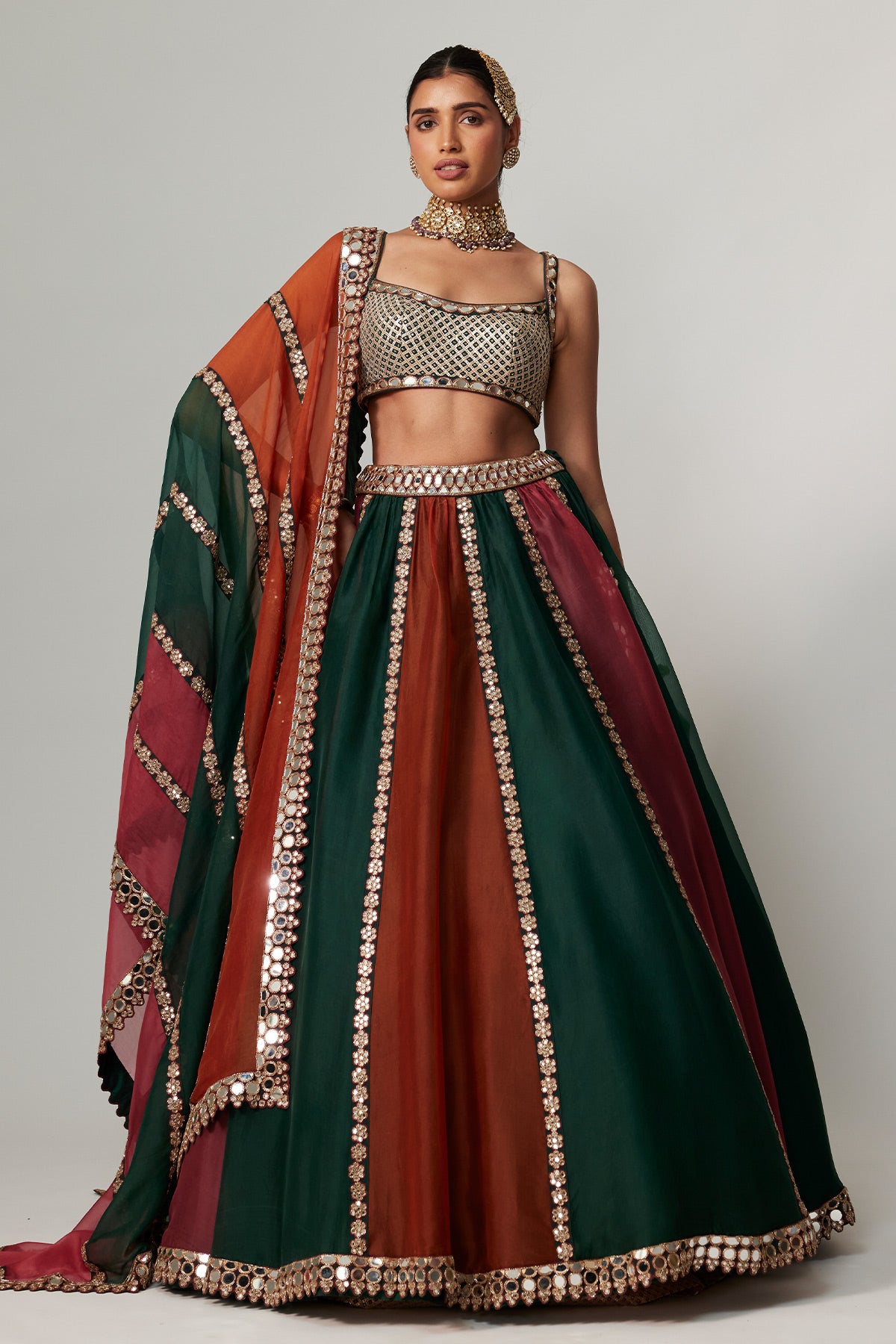 Cranberry Multicolor Linear Lehenga With Square Neck Blouse