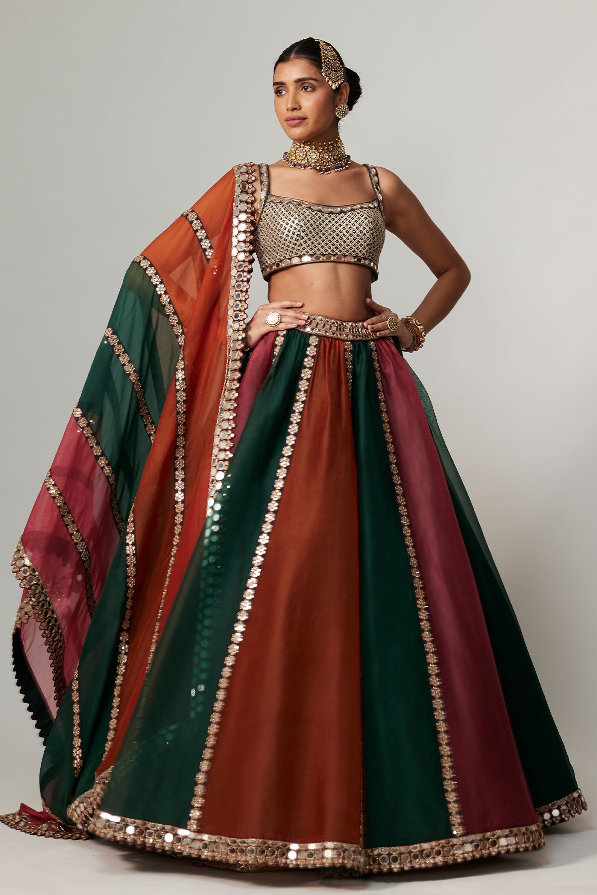 Cranberry Multicolor Linear Lehenga With Square Neck Blouse