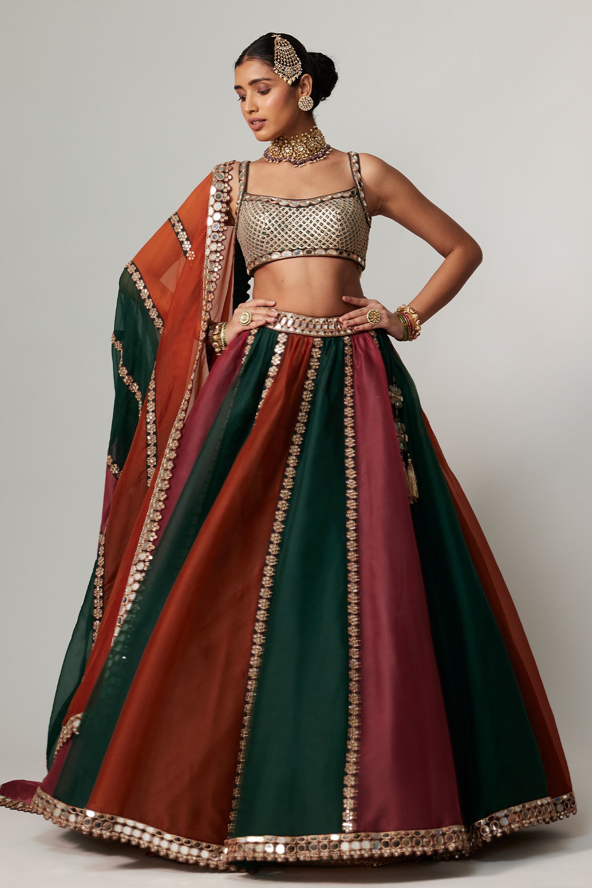 Cranberry Multicolor Linear Lehenga With Square Neck Blouse