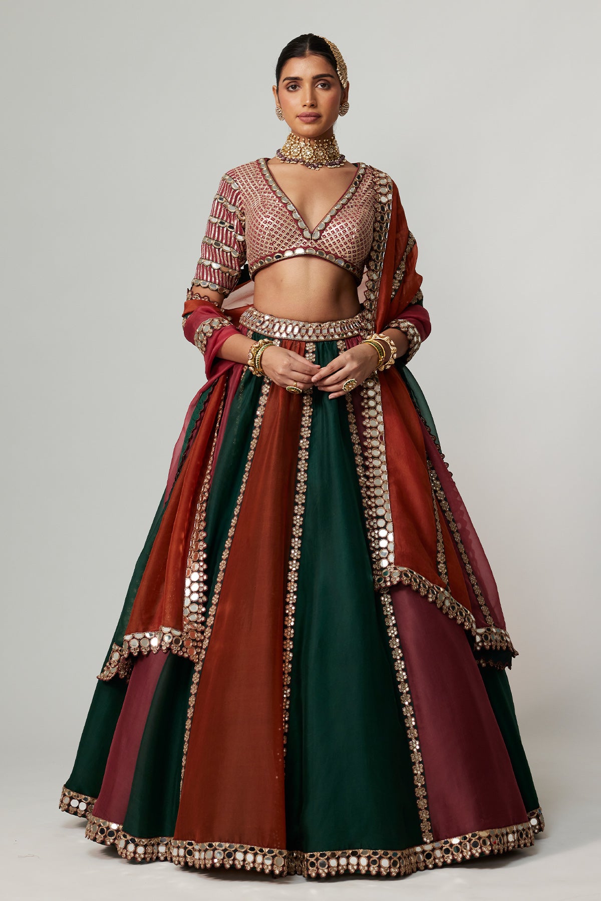 Cranberry Multicolor Linear Lehenga With V Neck Blouse