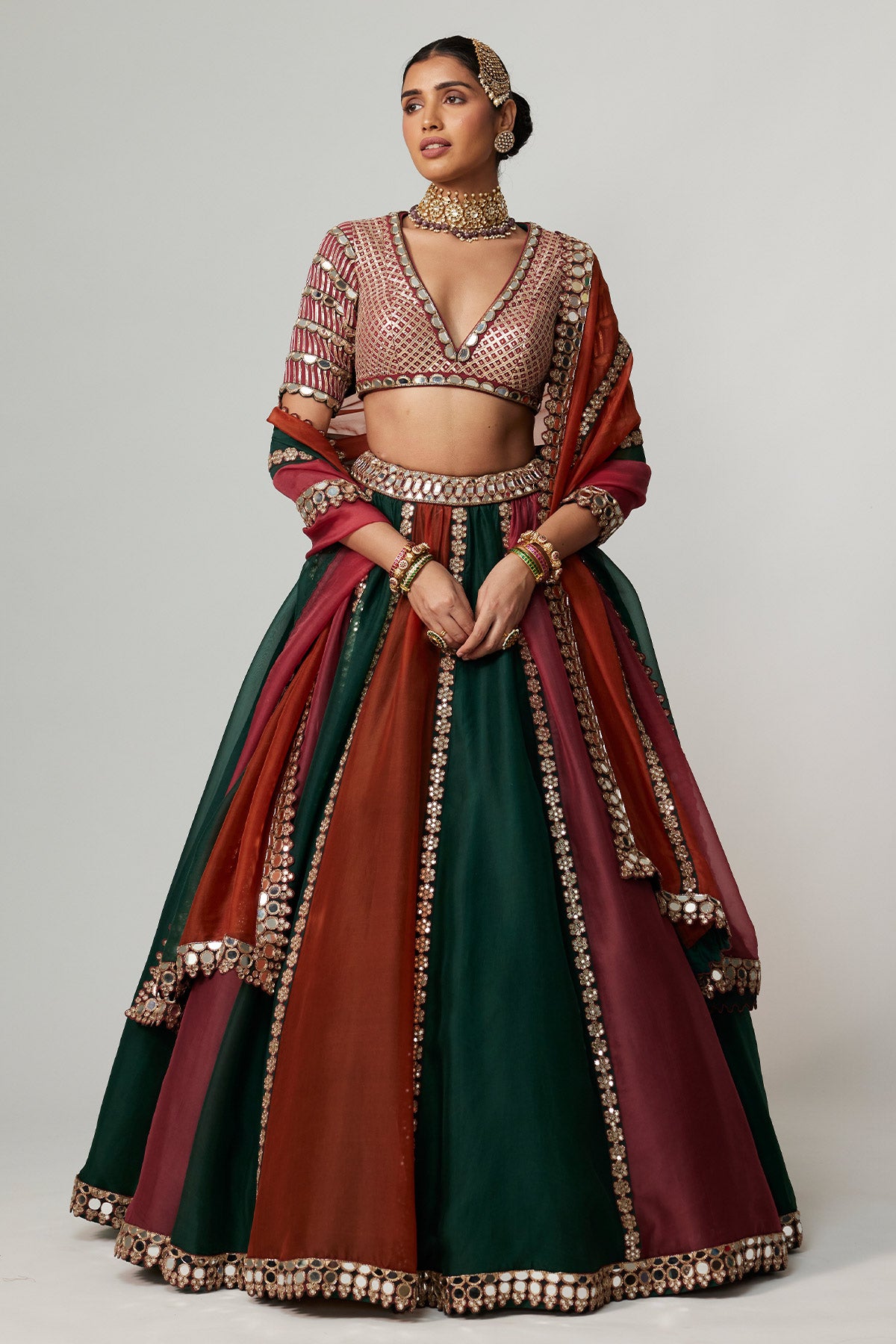 Cranberry Multicolor Linear Lehenga With V Neck Blouse