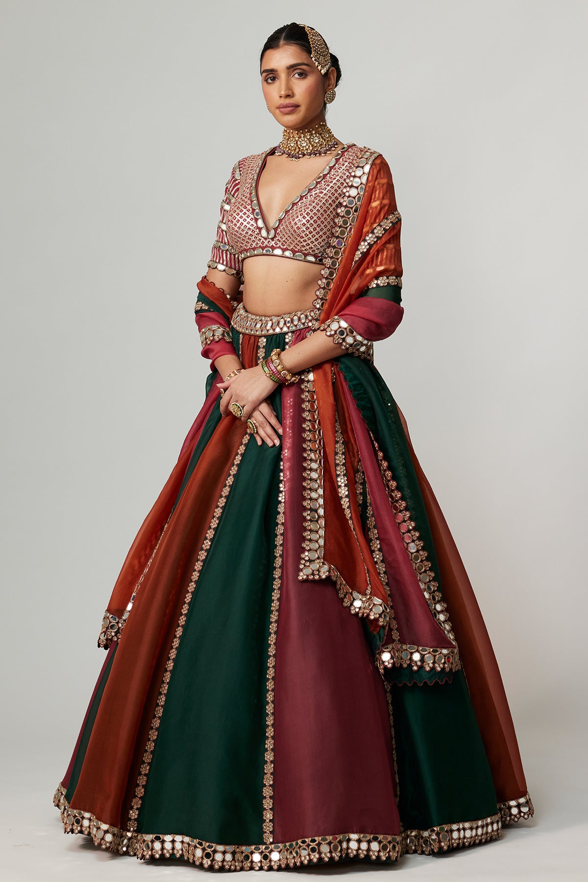 Cranberry Multicolor Linear Lehenga With V Neck Blouse