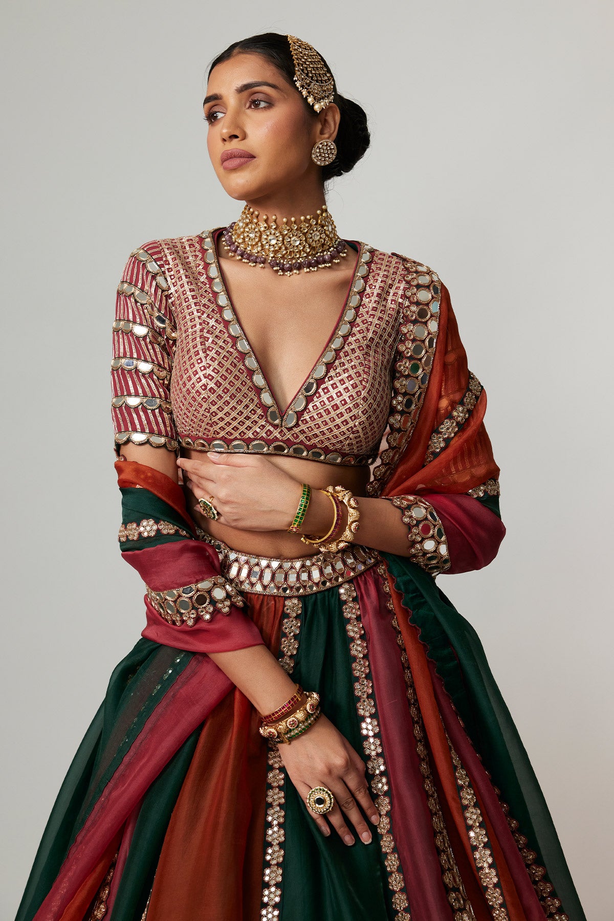 Cranberry Multicolor Linear Lehenga With V Neck Blouse