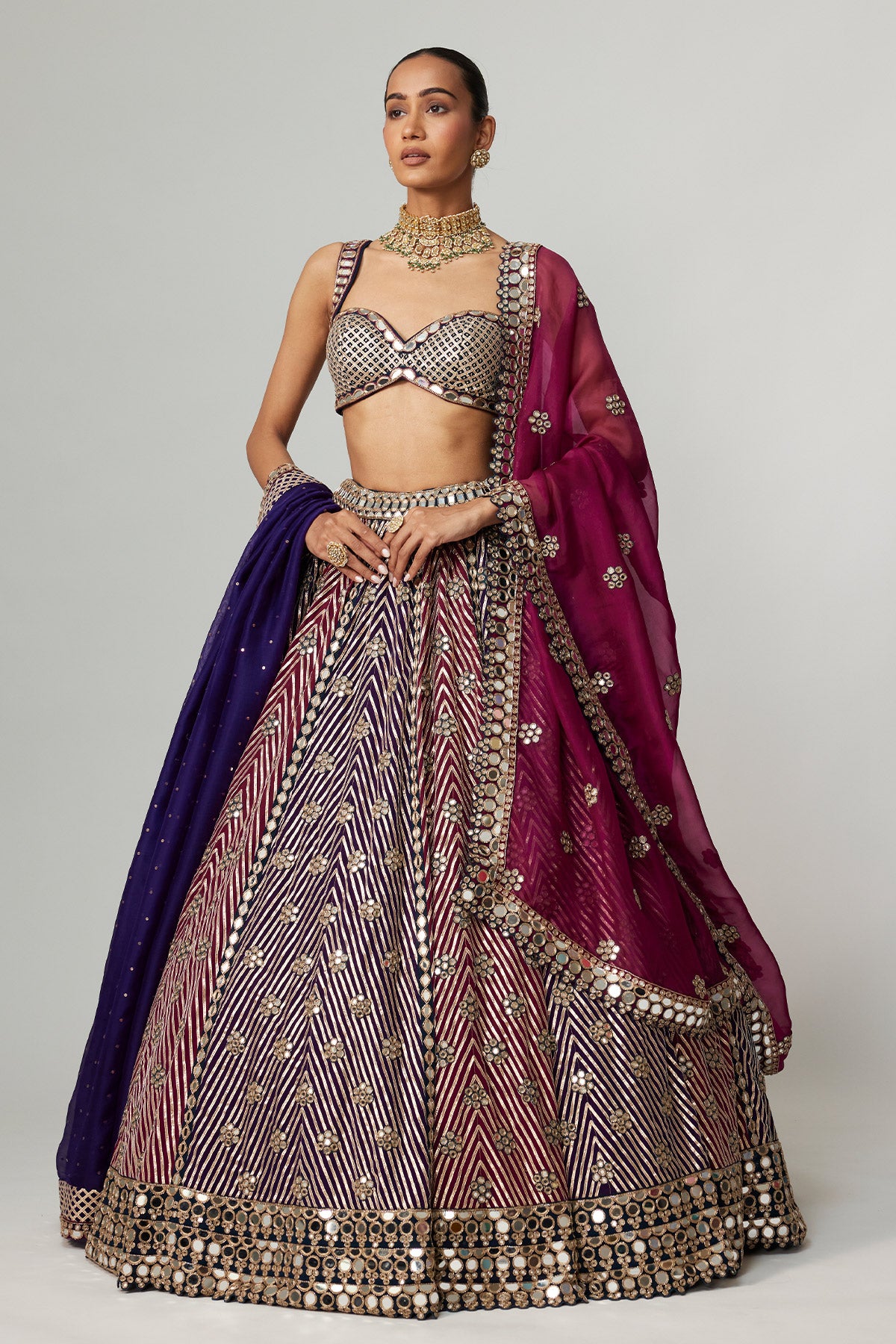 Teal Wine Multicolor Lehenga Set With Double Dupatta