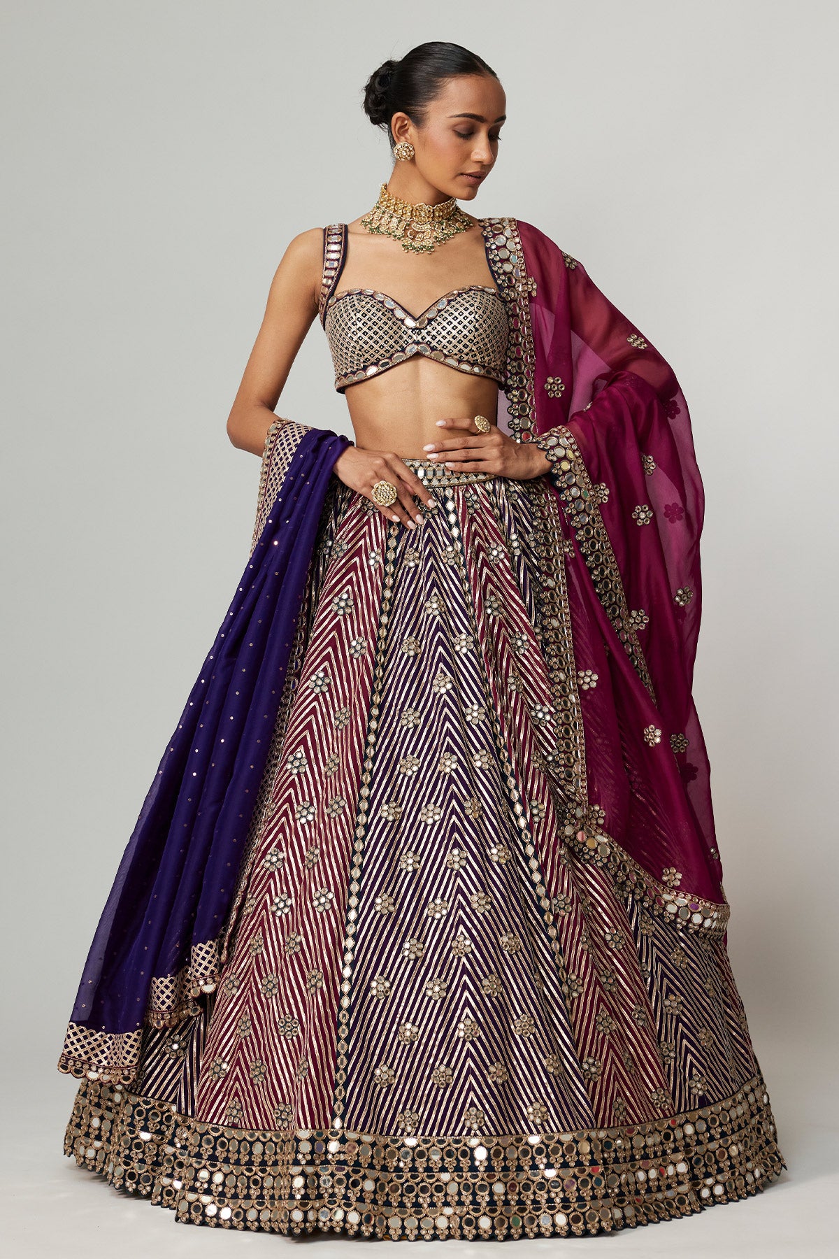 Teal Wine Multicolor Lehenga Set With Double Dupatta