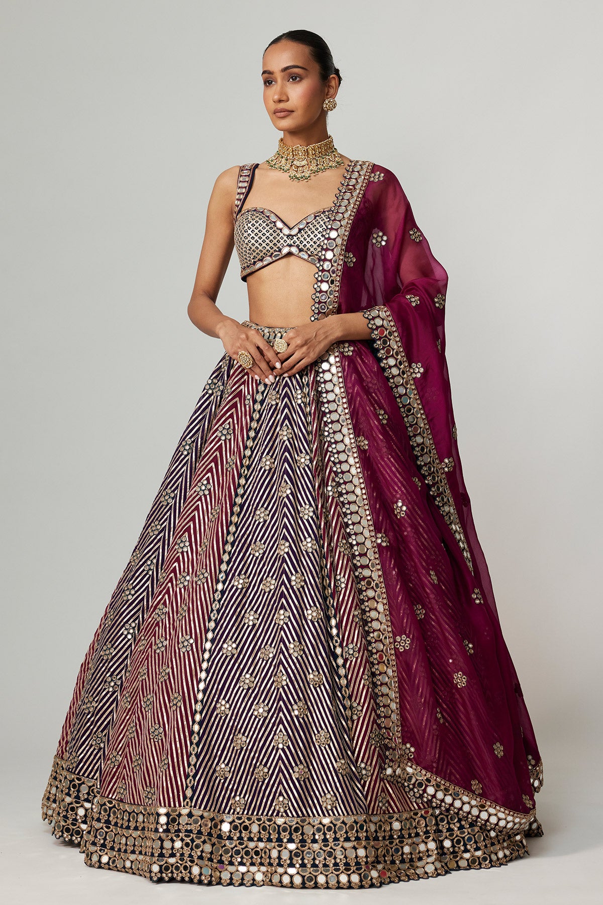 Teal Wine Multicolor Lehenga Set With Wine Dupatta