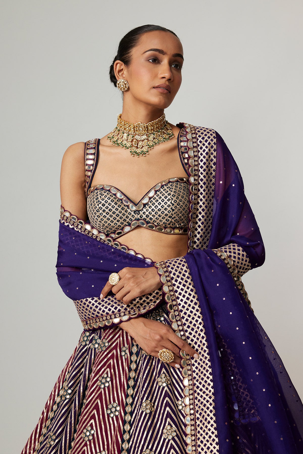 Teal Wine Multicolor Lehenga Set With Dark Purple Dupatta