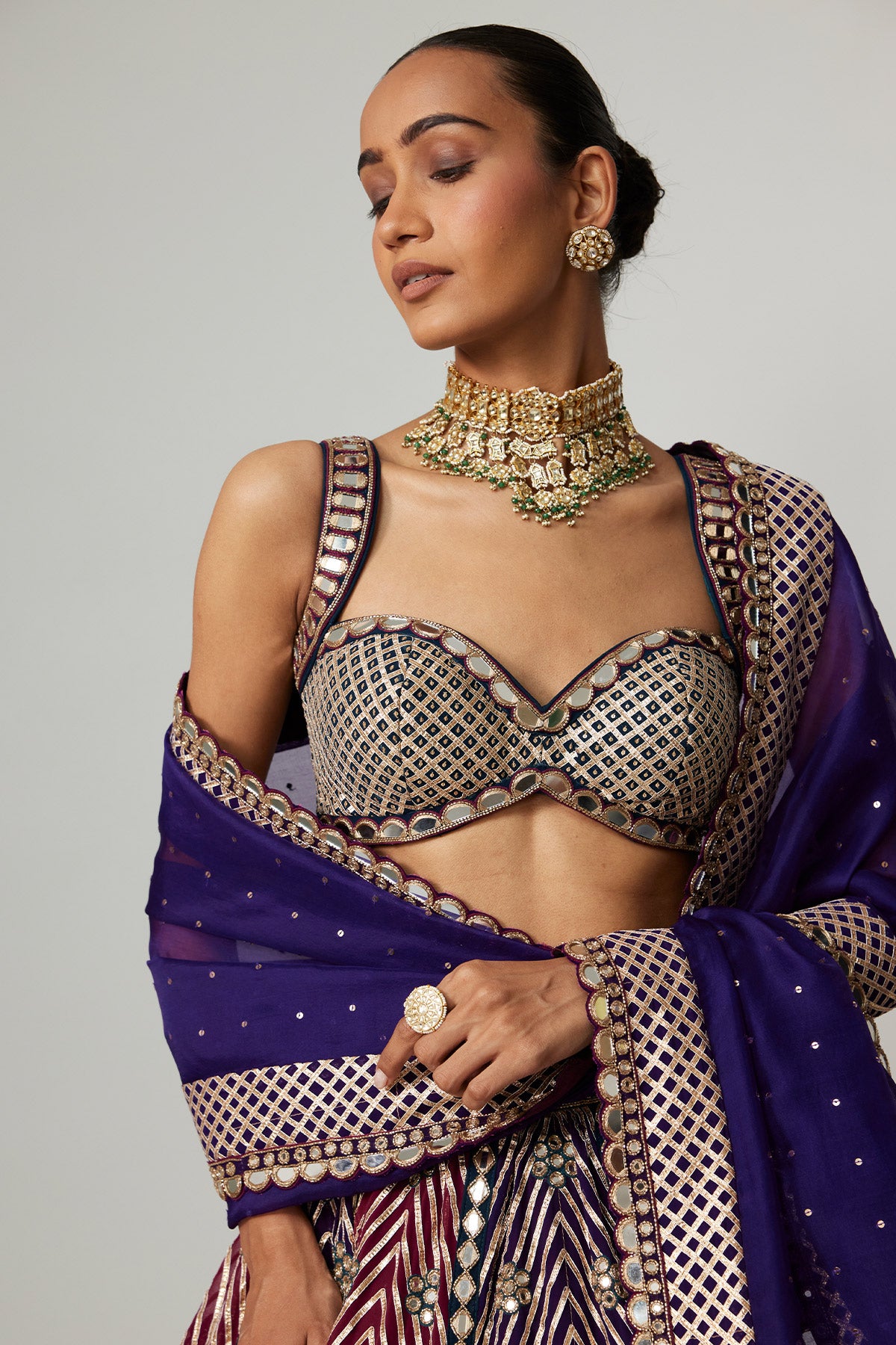 Teal Wine Multicolor Lehenga Set With Dark Purple Dupatta