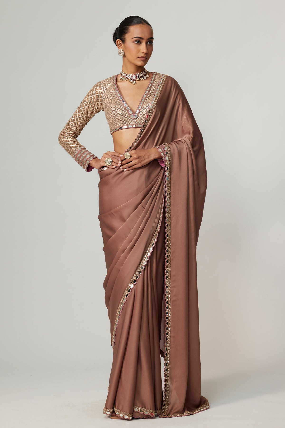 Deep Beige Satin Saree Set