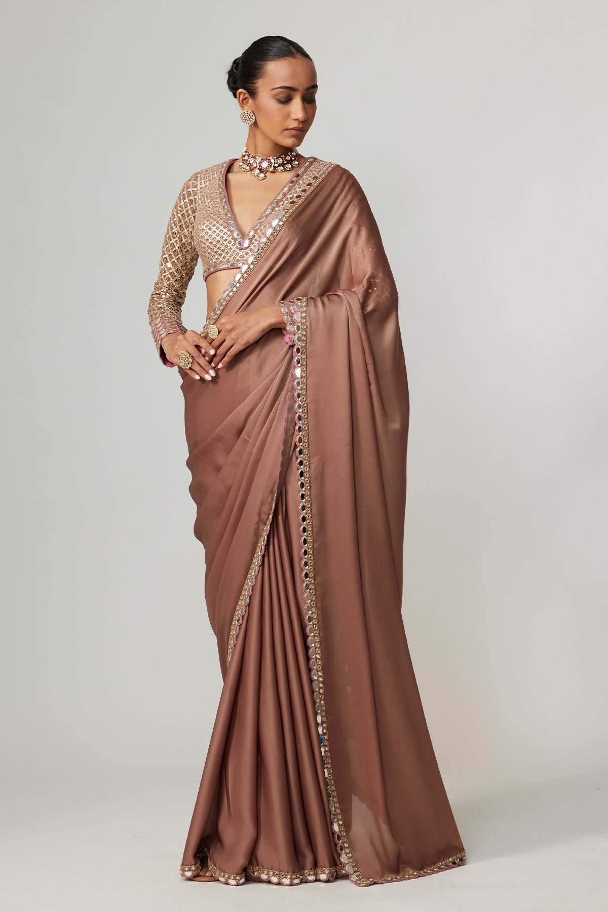 Deep Beige Satin Saree Set