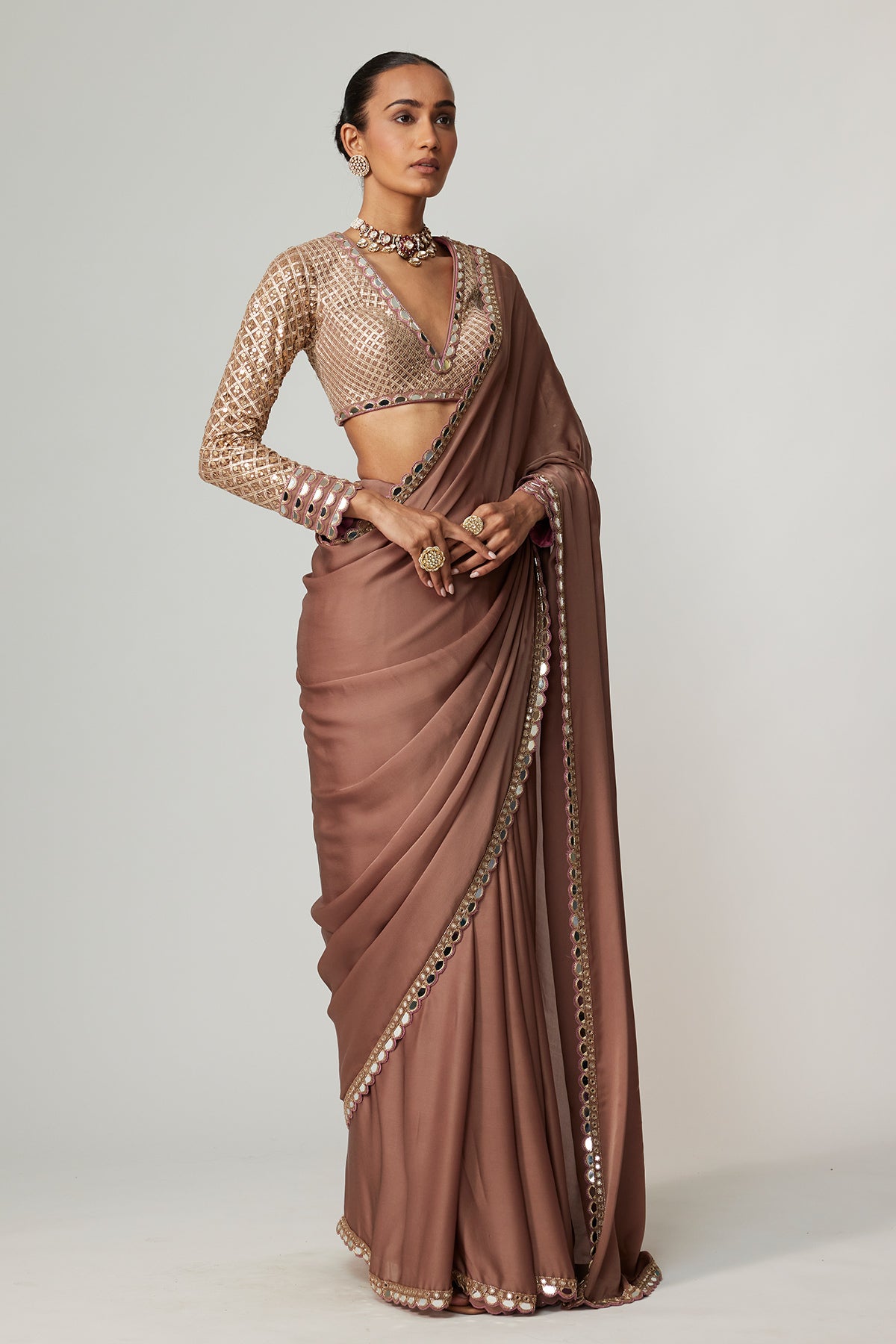 Deep Beige Satin Saree Set