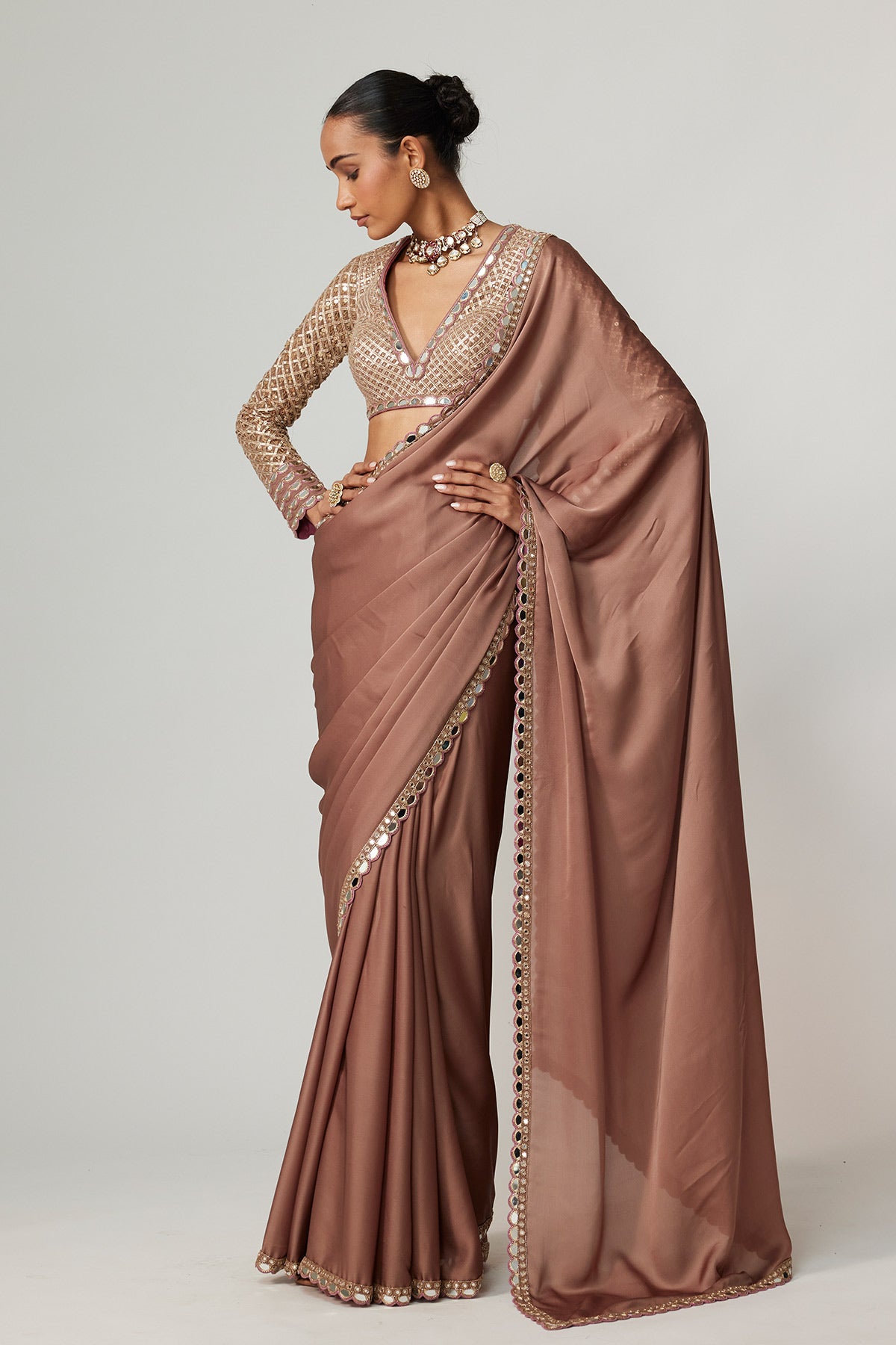 Deep Beige Satin Saree Set