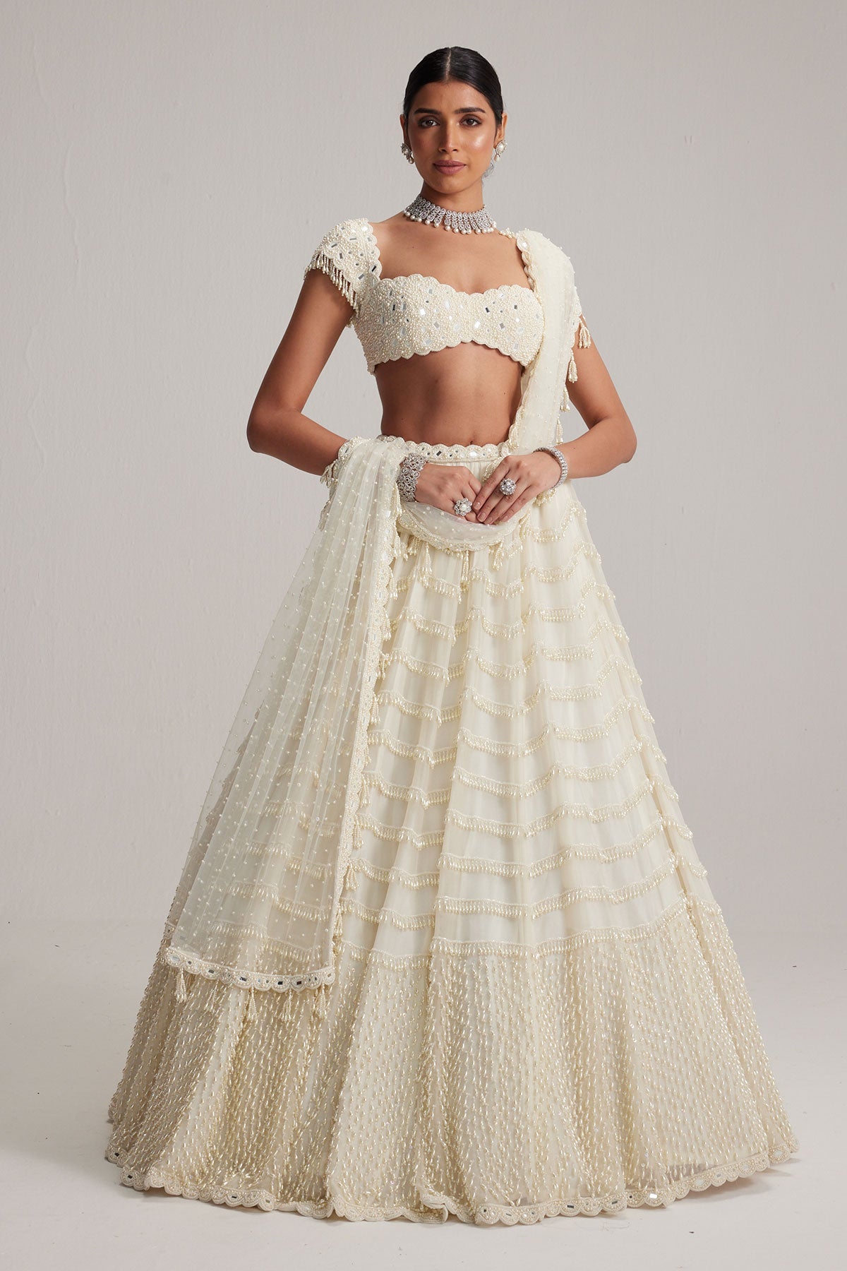 Off White Mirror and Pearl Drop Bridal lehenga set