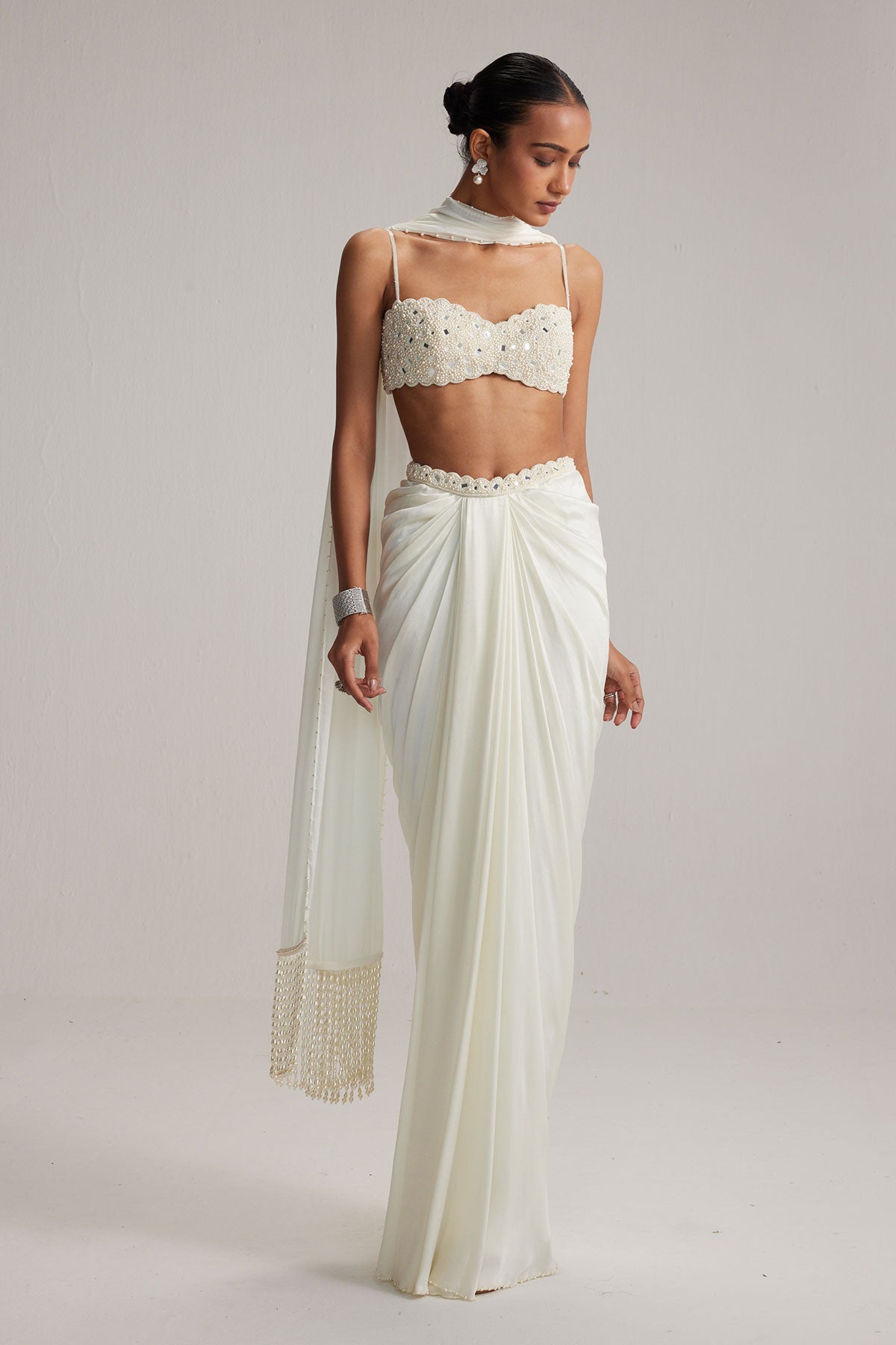 Off White Satin Draped Skirt Set