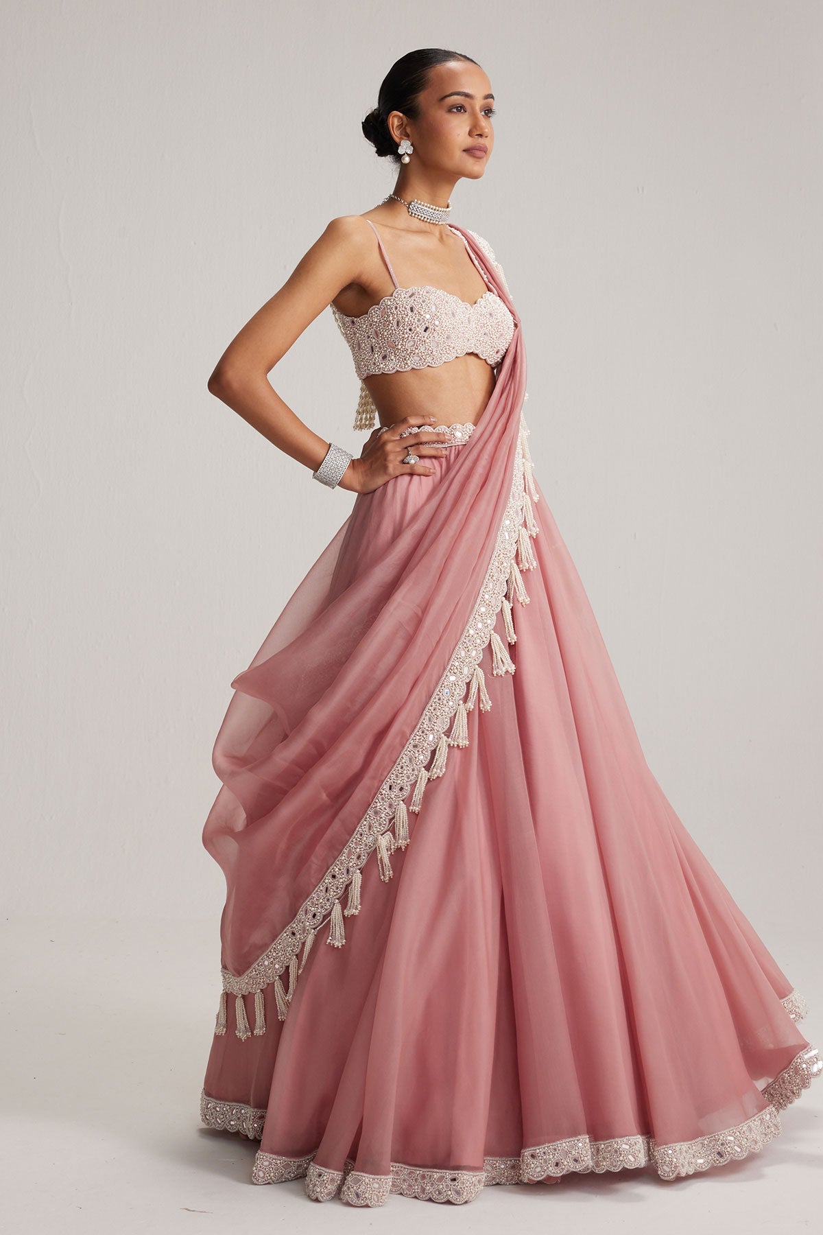 Dusty Rose Organza mirror and pearl lehenga set