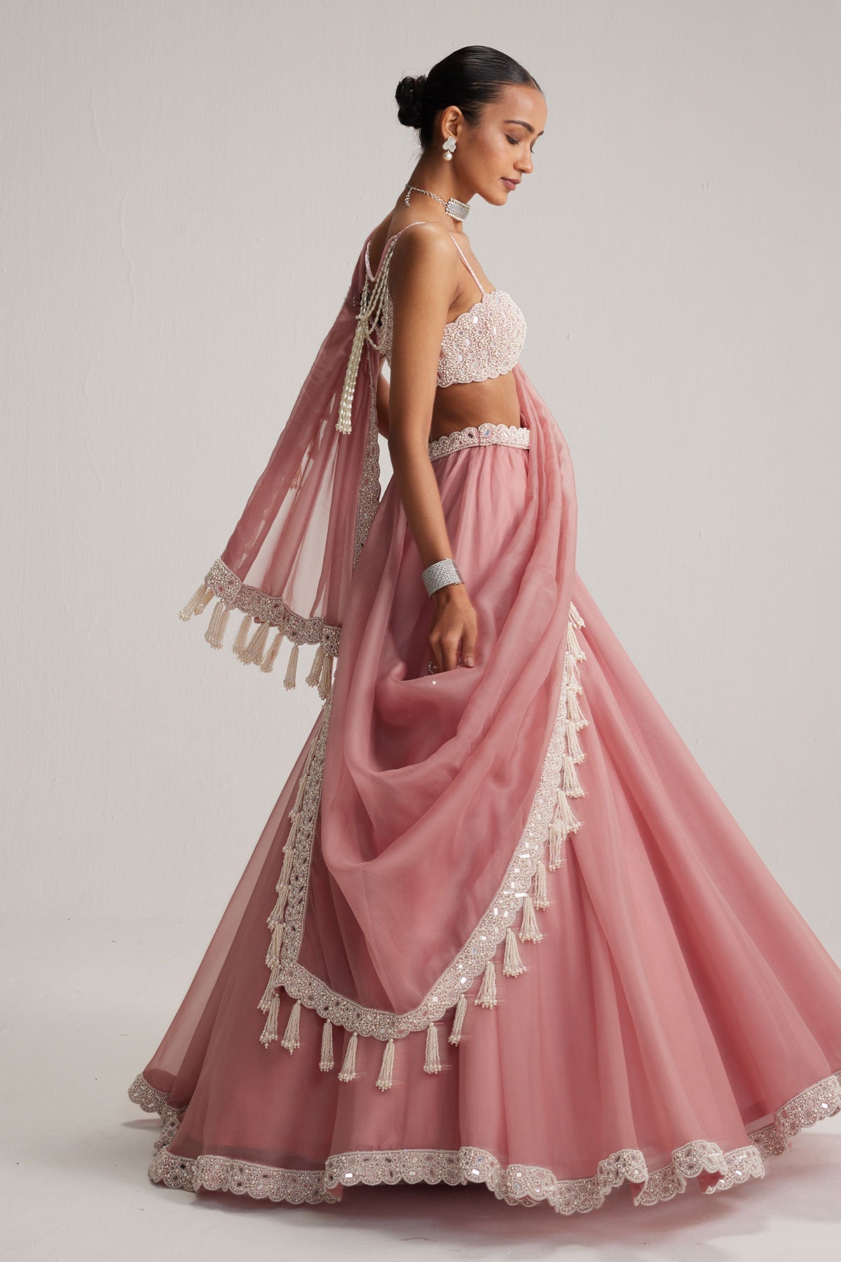 Dusty Rose Organza mirror and pearl lehenga set