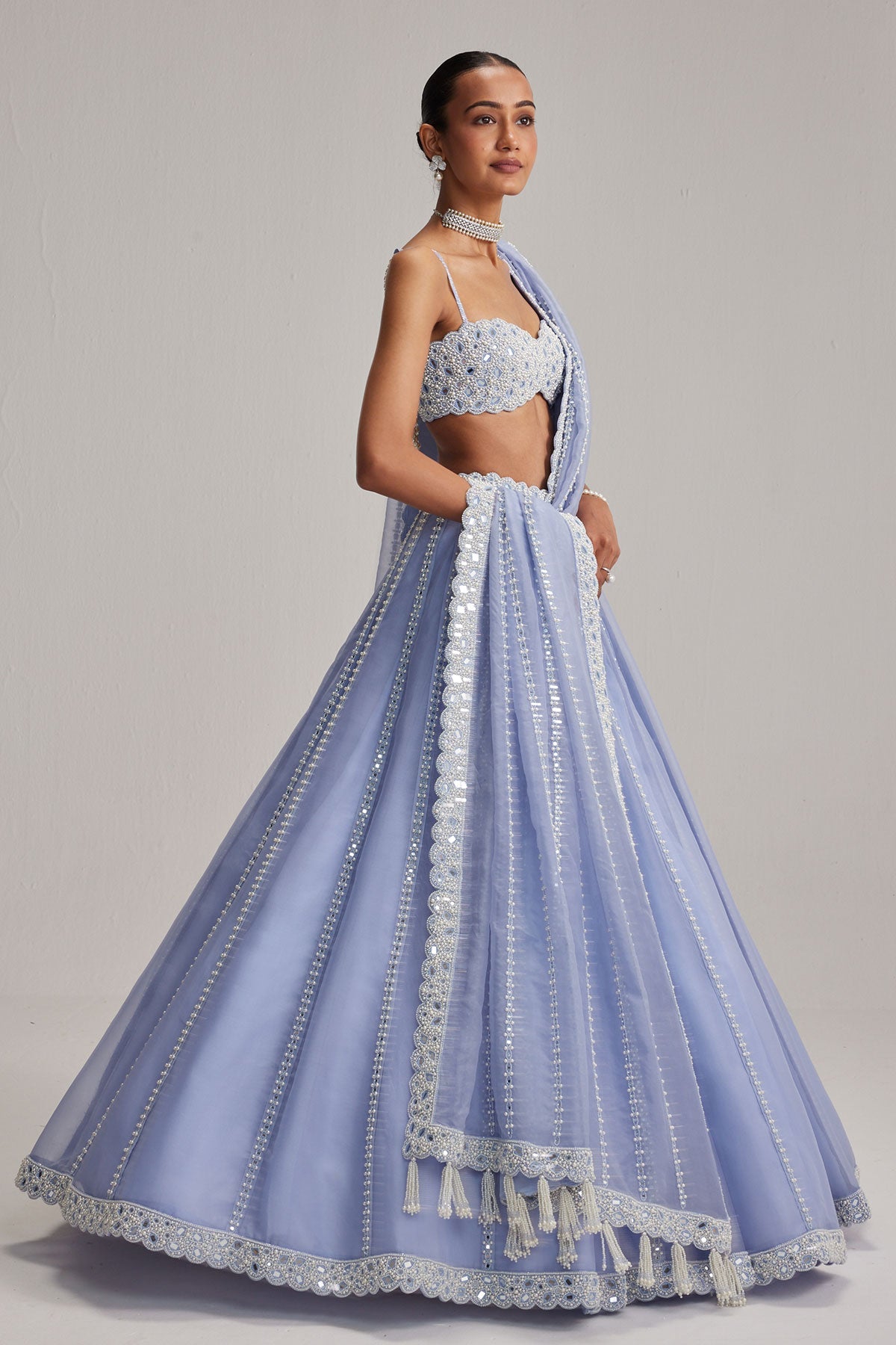 Dew Blue linear Mirror Organza Lehenga Set