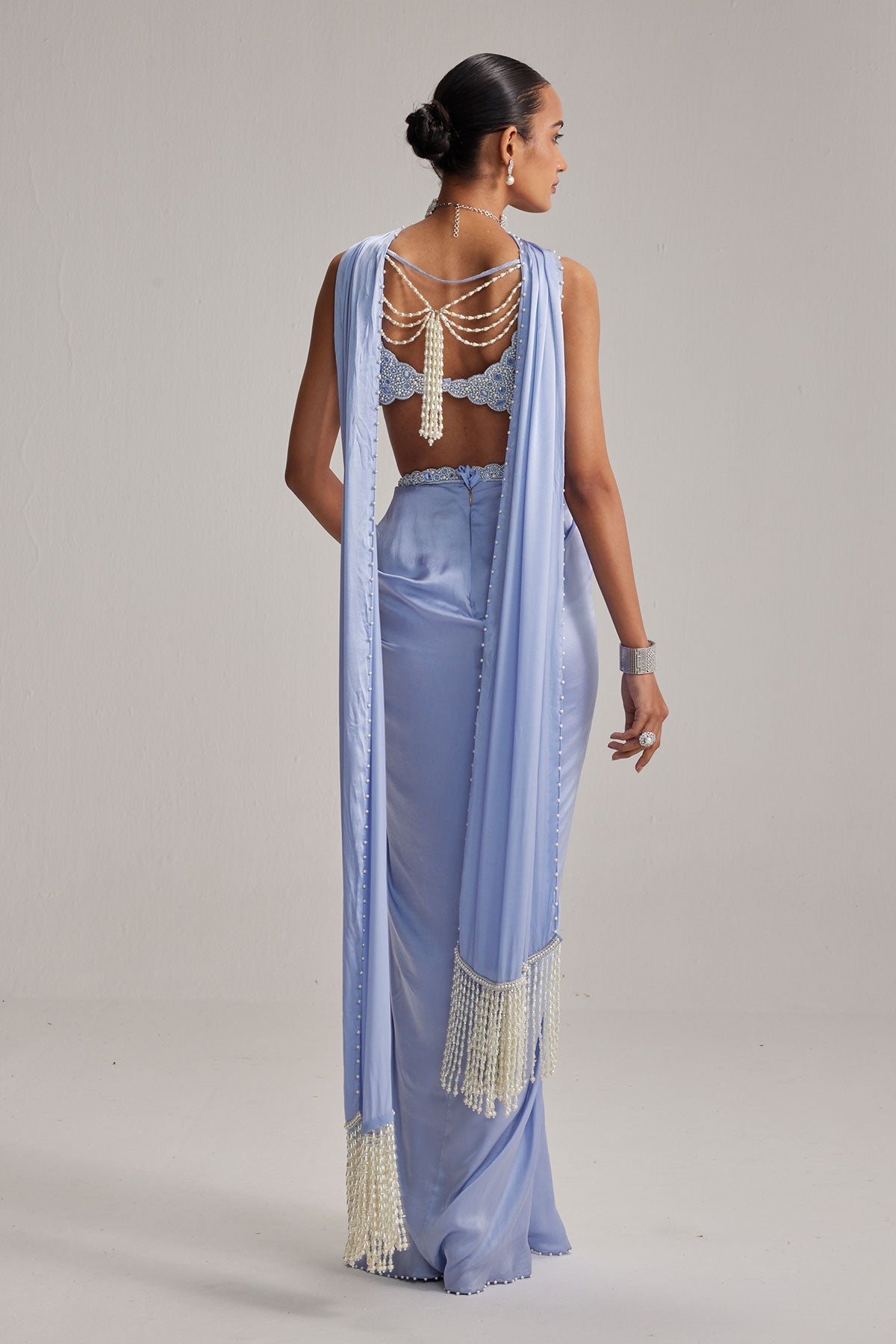 Dew Blue Satin Draped Skirt Set