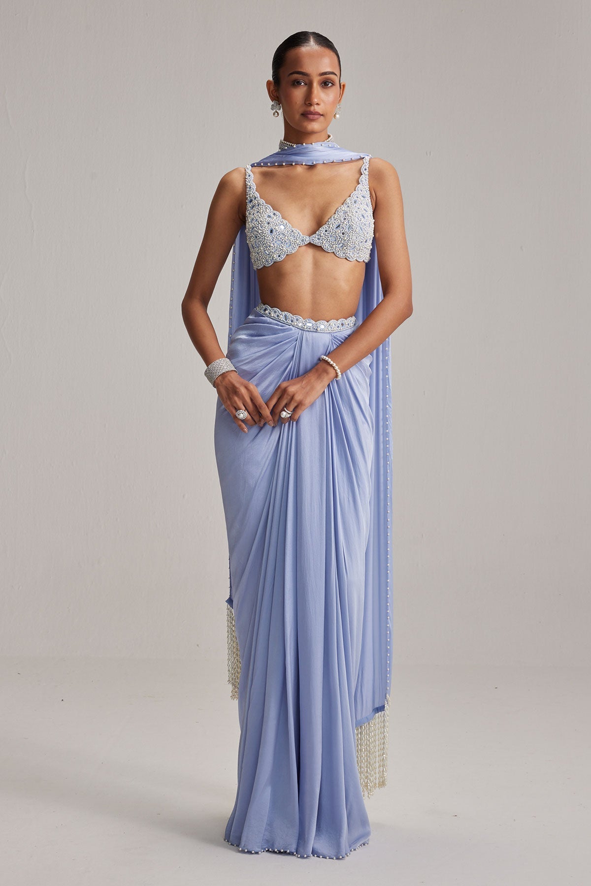 Dew Blue Satin Draped Skirt Set