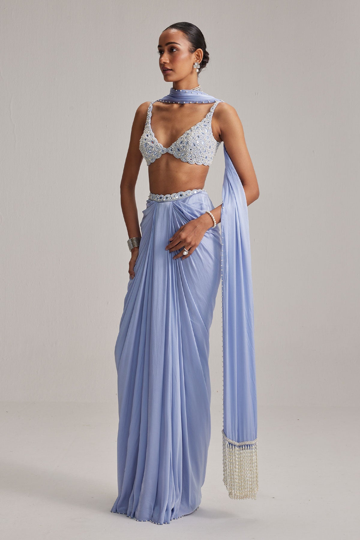Dew Blue Satin Draped Skirt Set