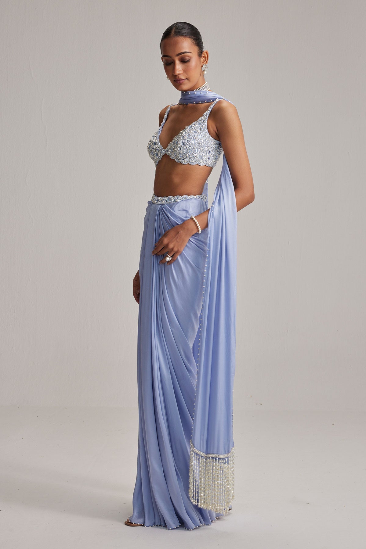 Dew Blue Satin Draped Skirt Set