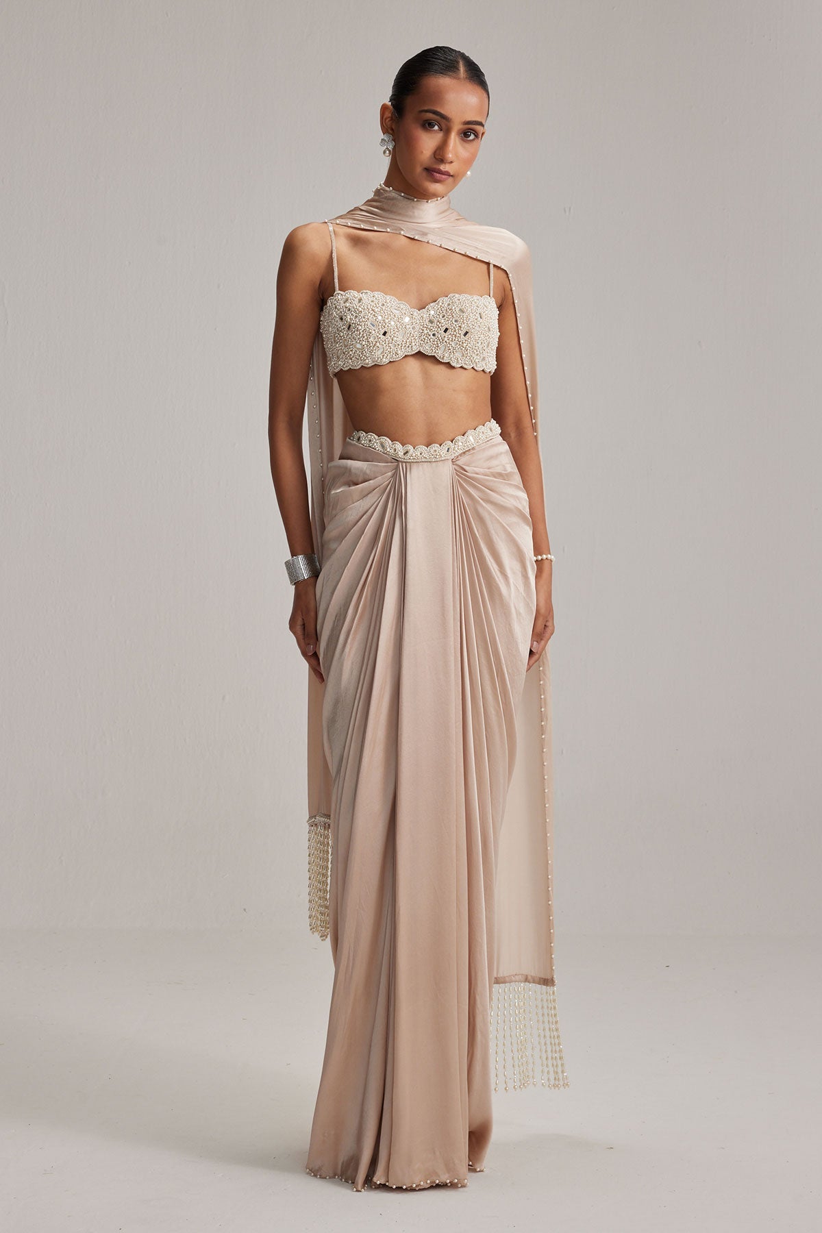 Light Beige Satin draped skirt set