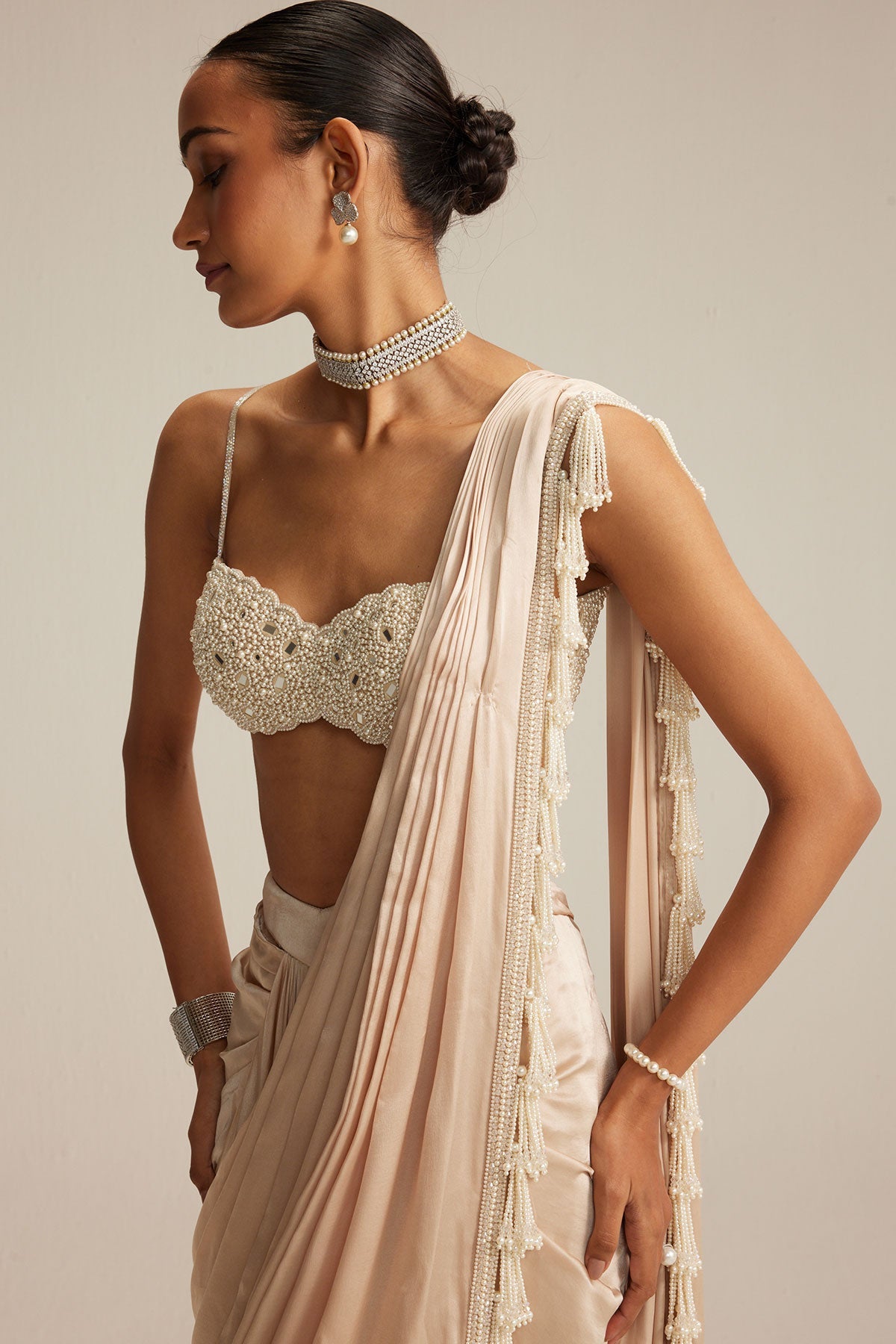 Light Beige mirror and pearl Satin Draped Saree set
