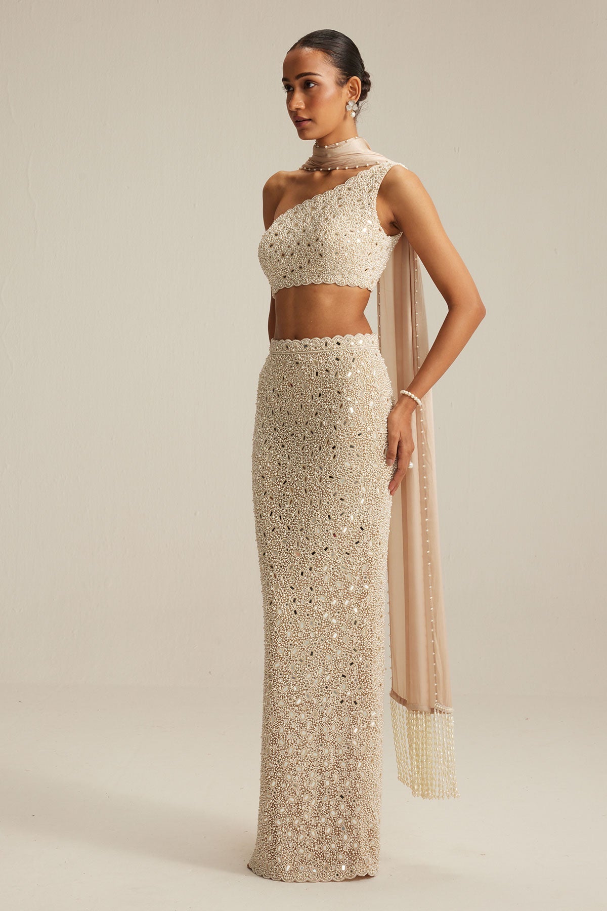 Light Beige One Shoulder Pencil Skirt With Stole Set